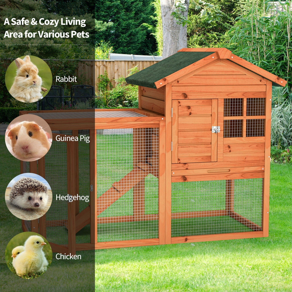 2-Story Wooden Rabbit Hutch with Running Area-Natural