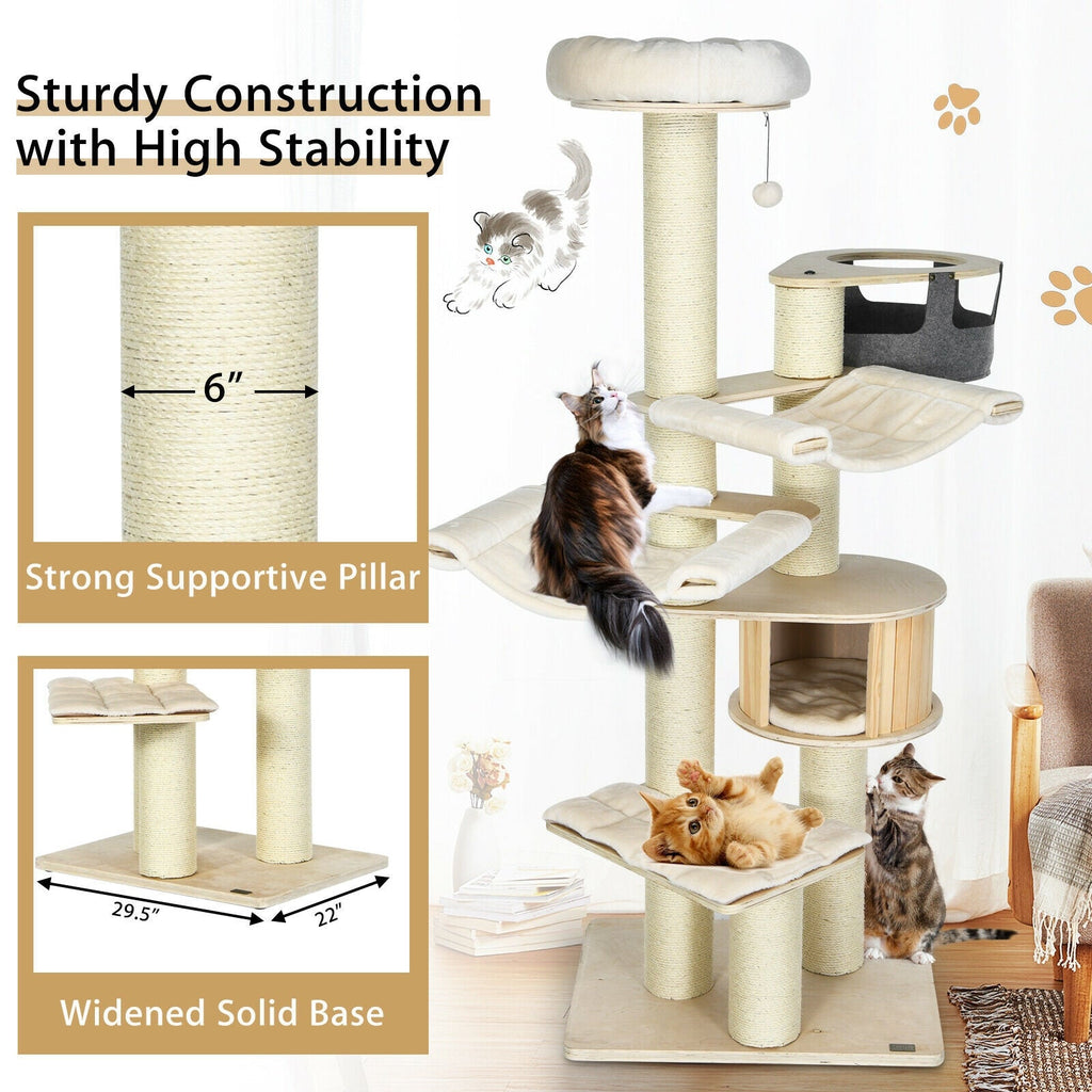 77.5-Inch Cat Tree Condo Multi-Level Kitten Activity Tower with Sisal Posts-Cream White