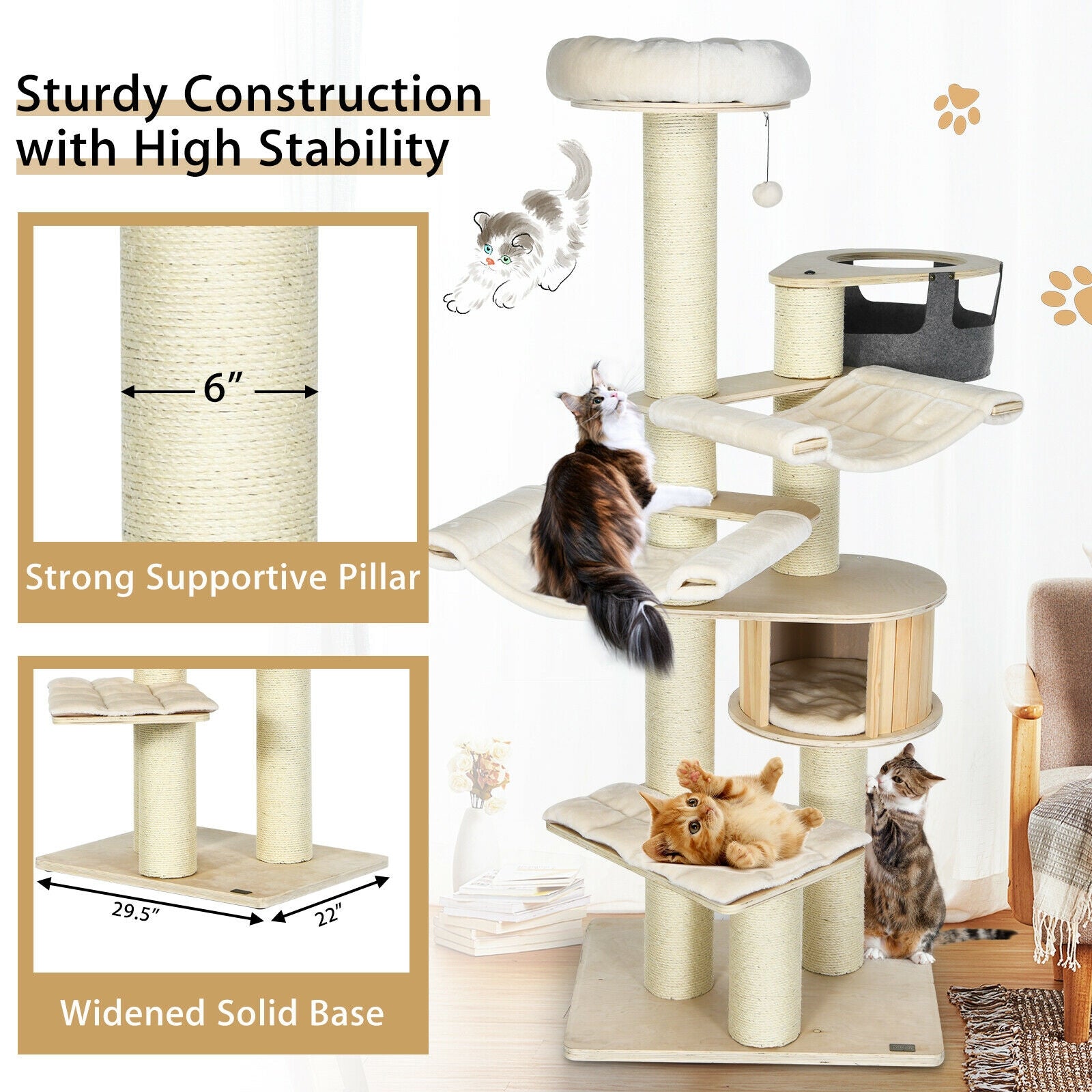 77.5-Inch Cat Tree Condo Multi-Level Kitten Activity Tower with Sisal Posts-Cream White