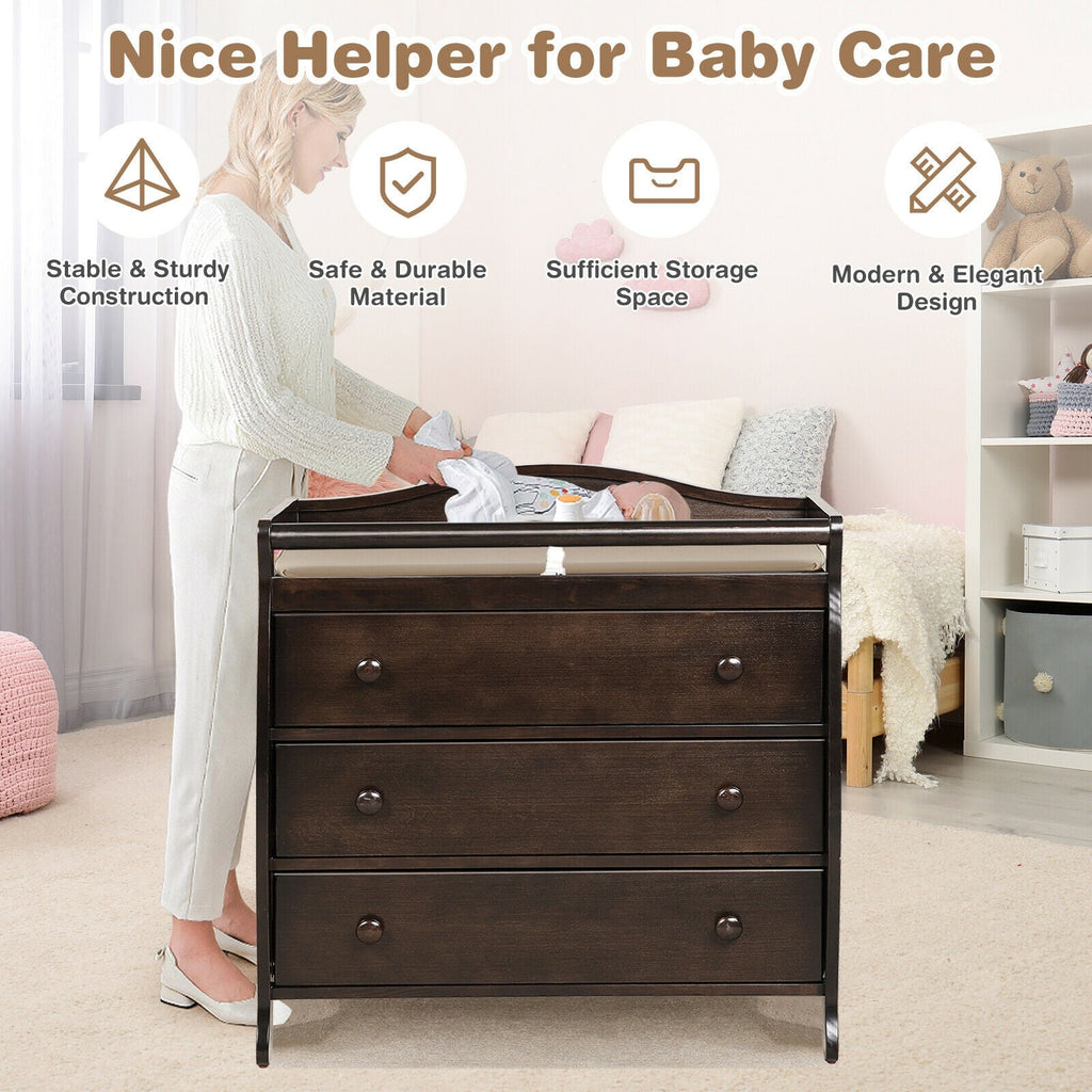 Baby Changing Table Infant Diaper with 3 Drawers and Safety Belt-Brown