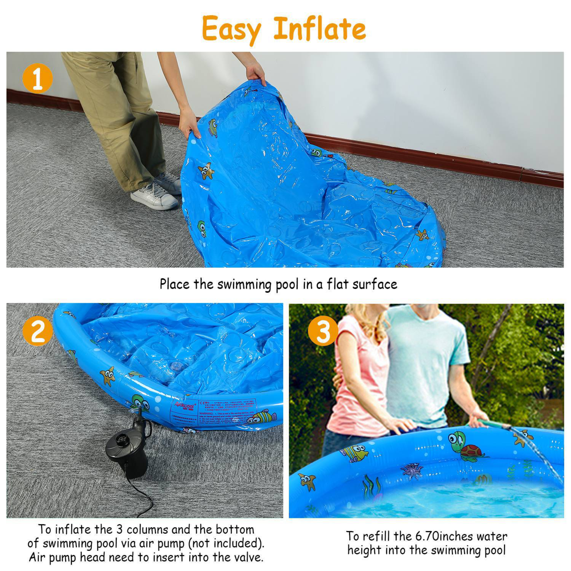 51x13Ó Inflatable Swimming Pool Blow Up Family Pool For 3 Kids Foldable Swim Ball Pool Center w/ 4 Valves Bottom Water Drain Plug For Indoor Backyard