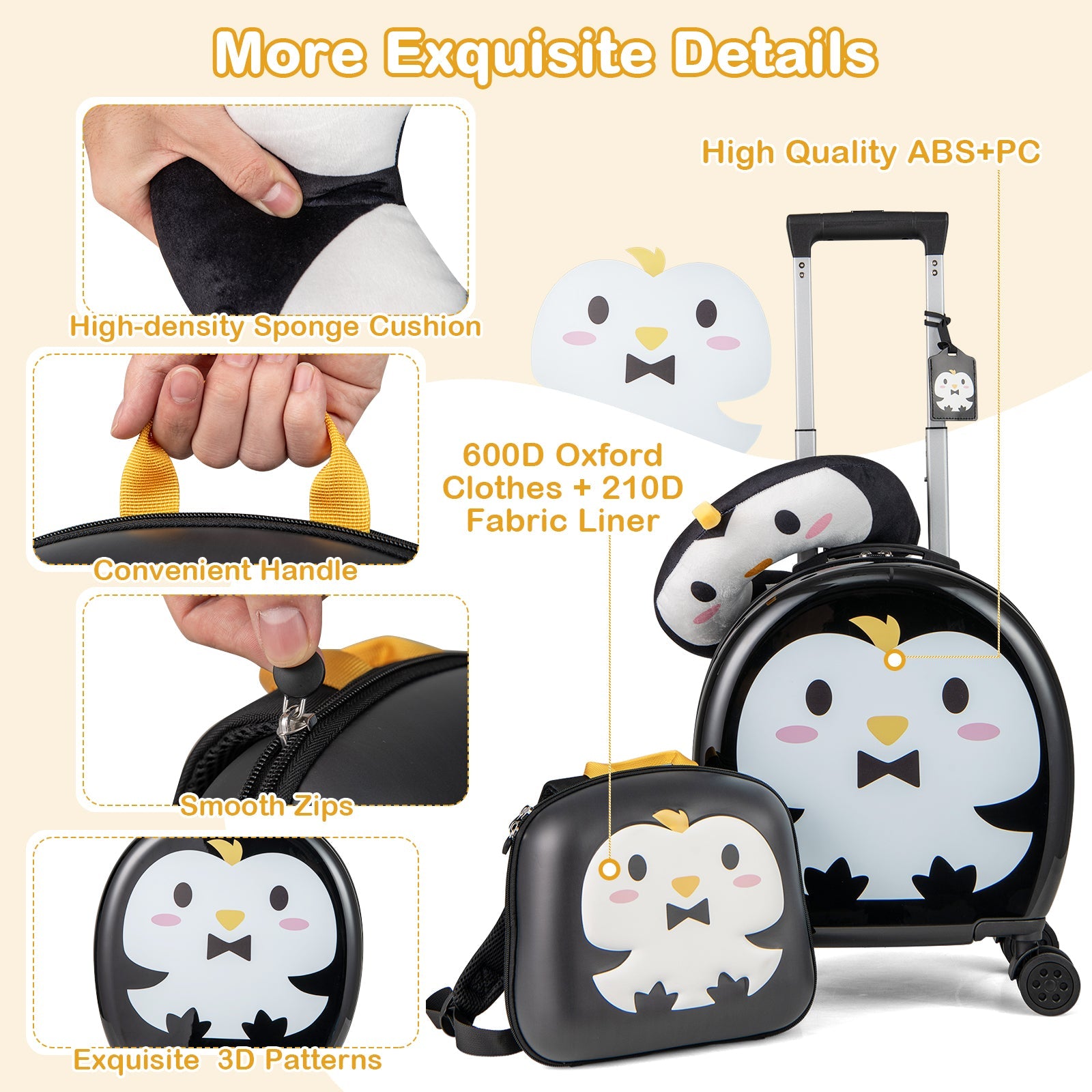 Kids Luggage Set with 14 Inches Carry-on Hardside Spinner Toddler Luggage and 10 Inches Backpack-Black