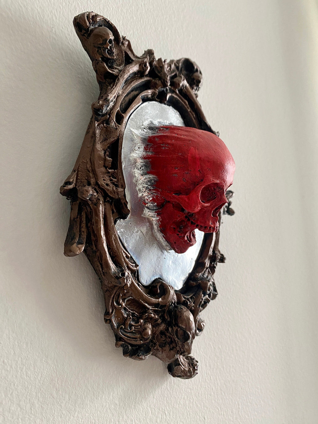 Spectral Skull Wall Plaque, Blood Red, Resin | Victorian Gothic Haunted Wall Art |Ghost Skull in Mirror for Halloween, Spooky Home Decor