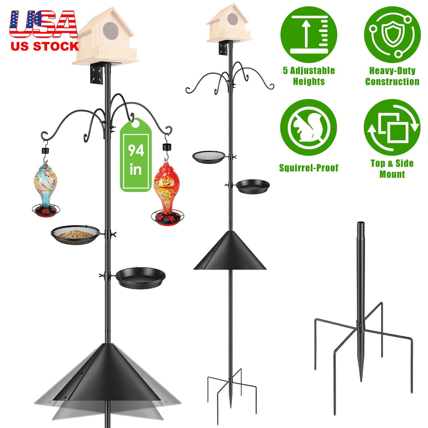 94Inch Squirrel Proof Bird Feeder Pole Heavy-Duty Bird House Pole  Outdoor Bird Feeding Station with 5 Adjustable Heights 4 Shepherd Hooks Top & Side