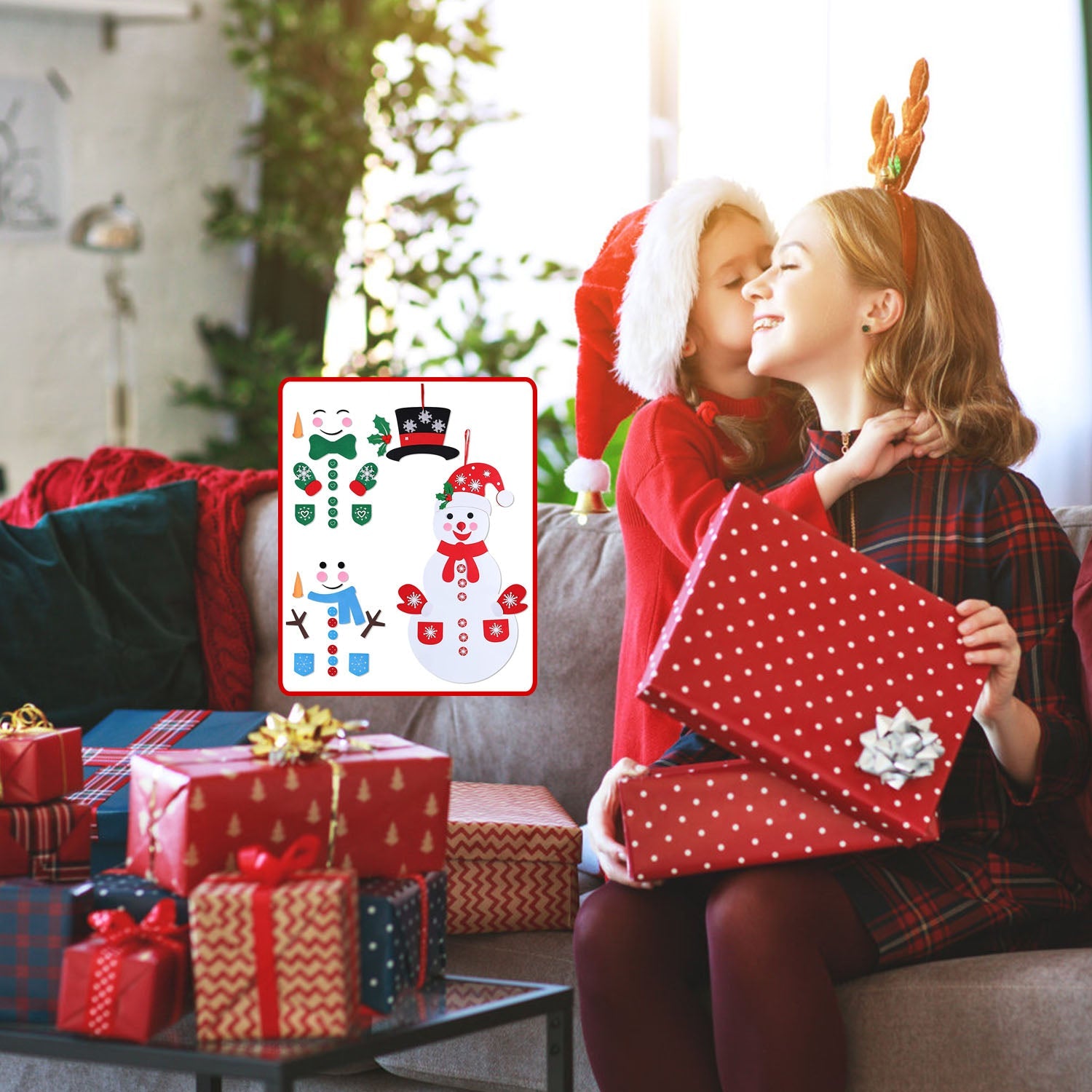 Felt Christmas Snowman Set DIY Felt Christmas Hanging Decorations Kits with 54Pcs Detachable Ornaments Xmas Gift for Toddlers