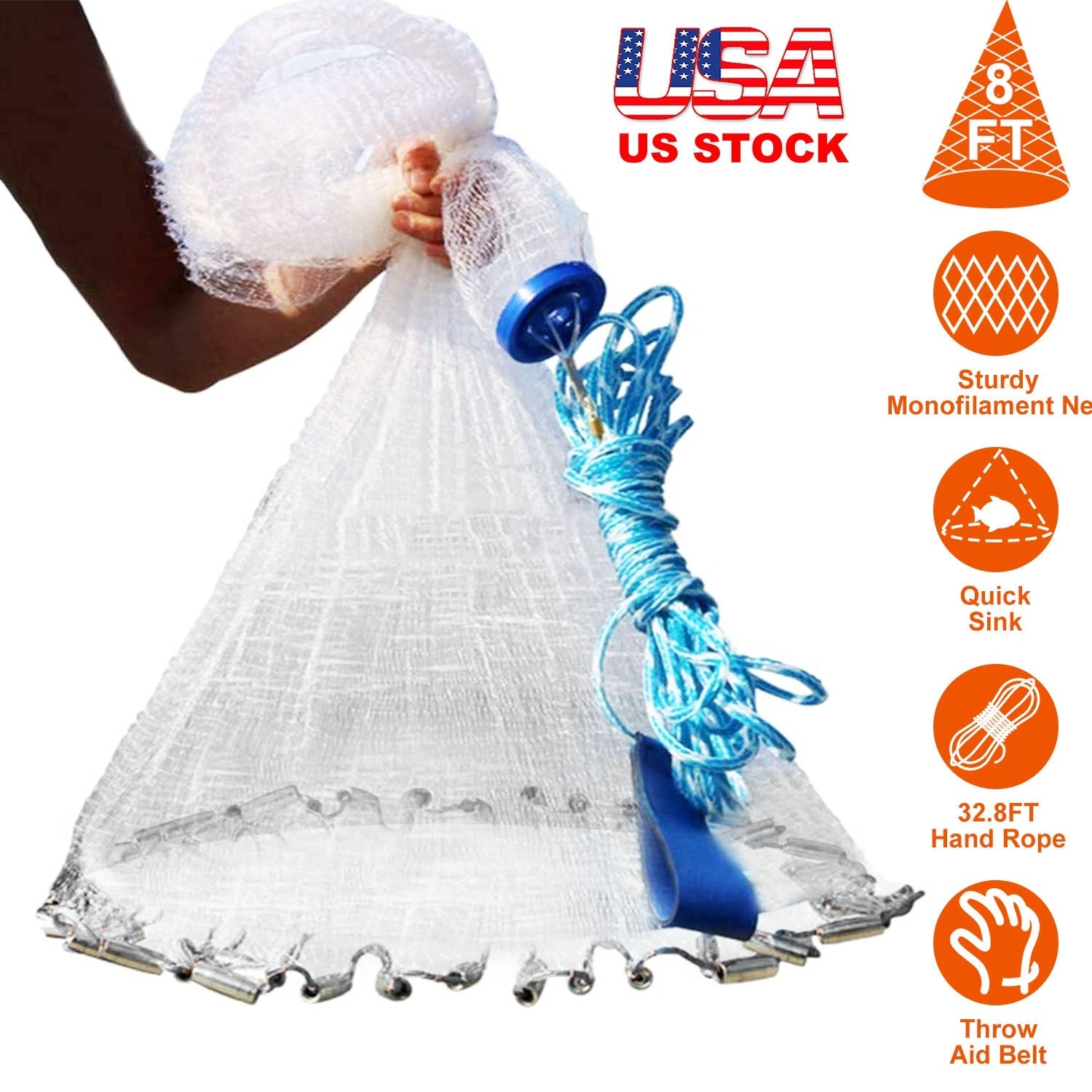 8ft Radius Fishing Cast Net Bait Trap Easy Throw Heavy Duty Hand Cast Net with Chain Sinker Bottom Spread