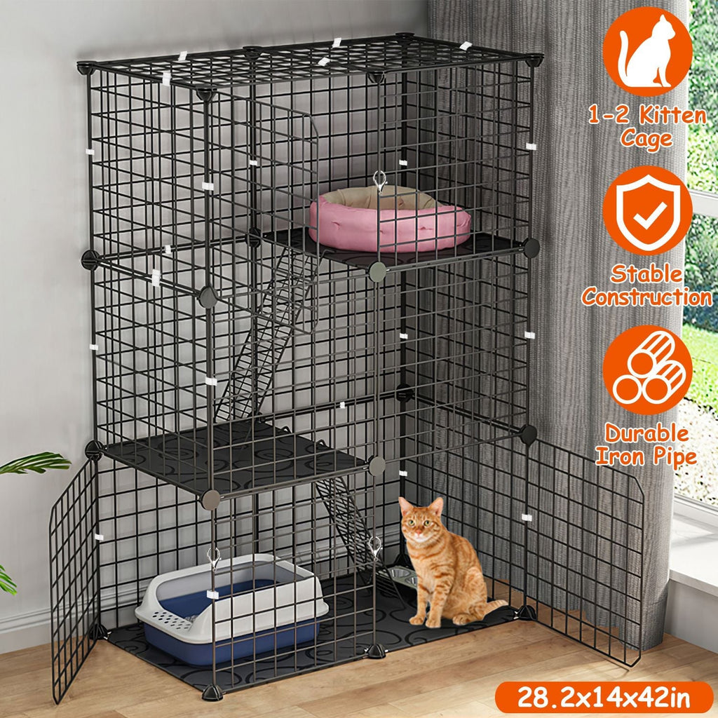 3 Tier Cat Playpen Cage Metal Indoor Cat House Detachable Kitten House with 3 Doors 2 Ladders Large Cat Exercise Place for 1-2 Cats Black
