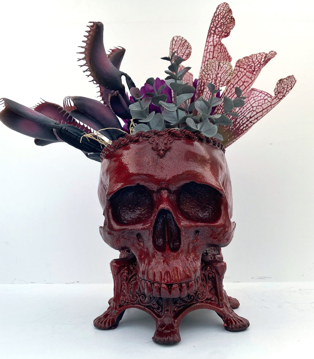 Human Skull Planter Blood Red Finish, Hand Painted Resin Sculpture | Unique Gothic Home Decor | Spooky Art Gift and Gothic Home Decor