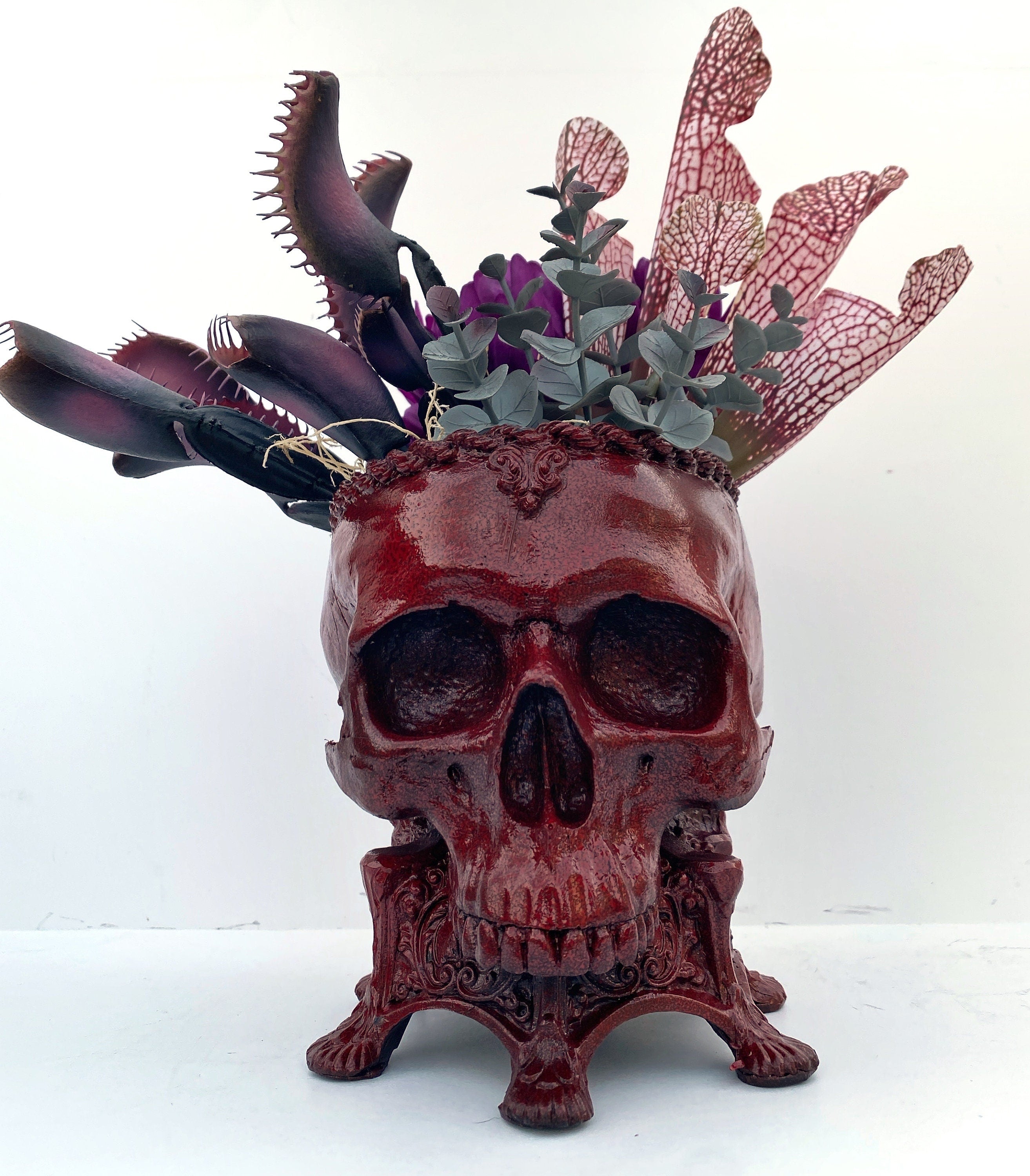 Human Skull Planter Blood Red Finish, Hand Painted Resin Sculpture | Unique Gothic Home Decor | Spooky Art Gift and Gothic Home Decor