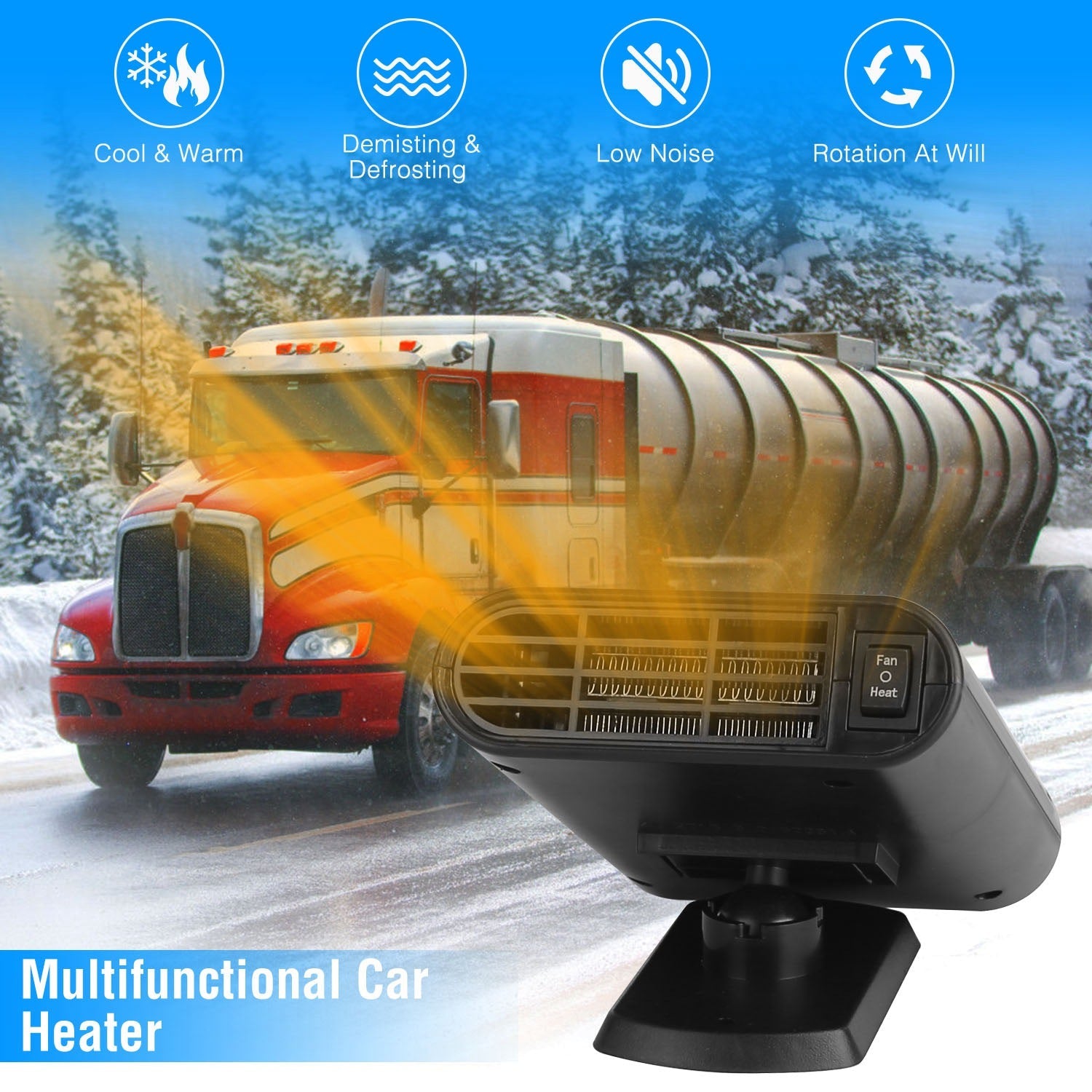 24V 200W Portable Car Heater Heating Fan 2 in 1 Defroster Defogger Demister Windshield Heater Automotive Cooling Fan with 360°Rotating Base
