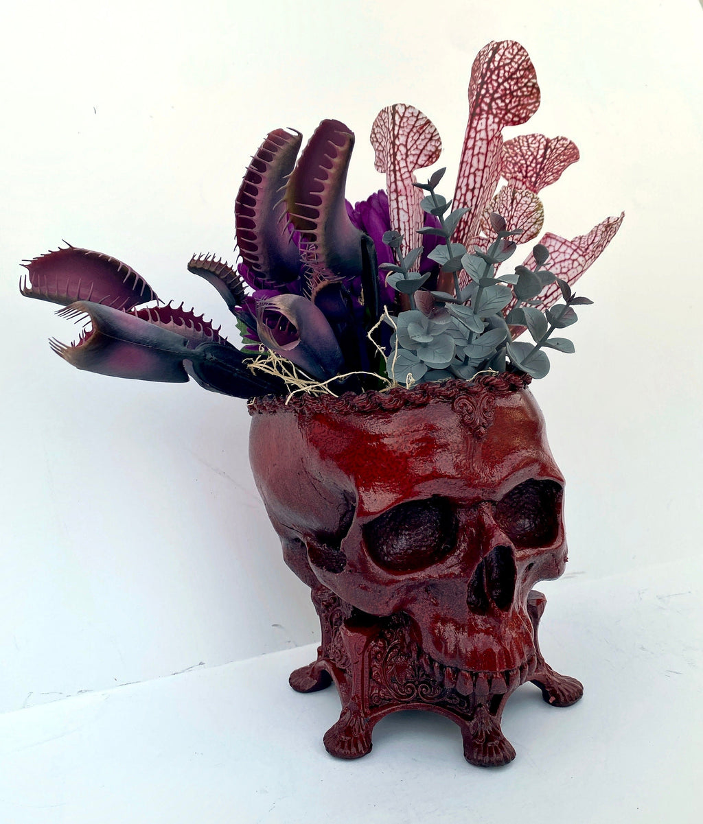 Human Skull Planter Blood Red Finish, Hand Painted Resin Sculpture | Unique Gothic Home Decor | Spooky Art Gift and Gothic Home Decor