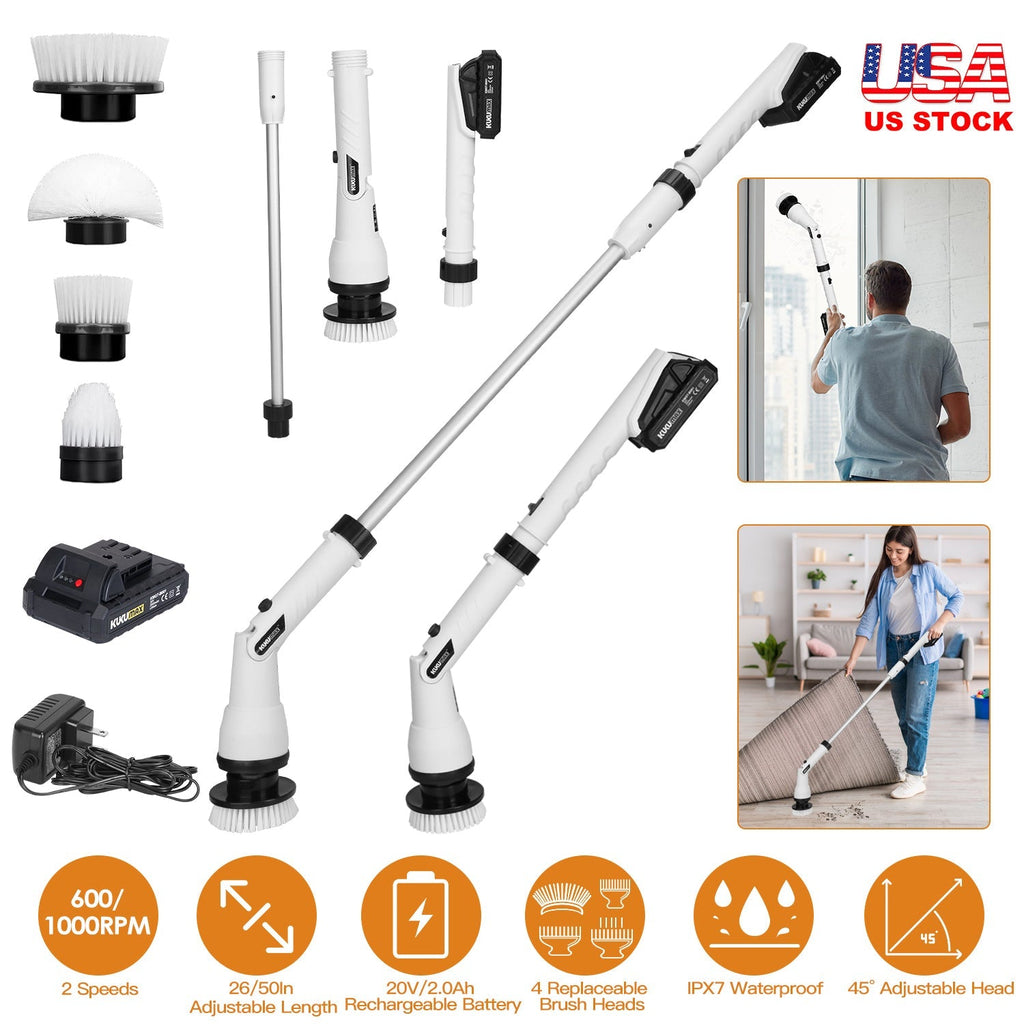Electric Spin Scrubber Cordless Handheld Rechargeable Cleaning Brush with 4 Replaceable Heads 600/1000RPM Speeds 26/50in Length 20V/2.0Ah Battery for