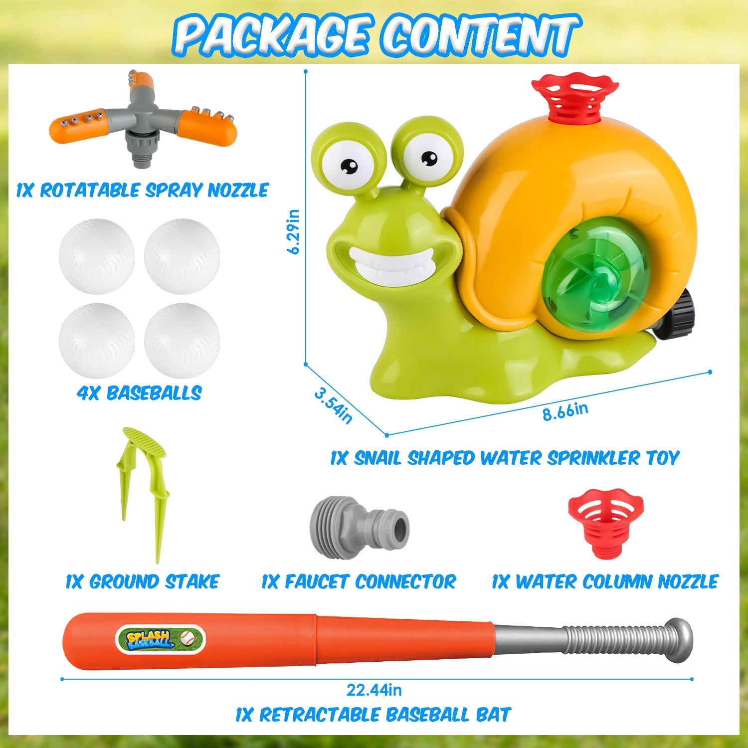 2 In 1 Snail Water Sprinkler Baseball Toy With 2 Sprinkler Nozzles 360¡ Rotating Spray Baseball Sprinkler Summer Water Toy For 4-8Years Old Boys Girls