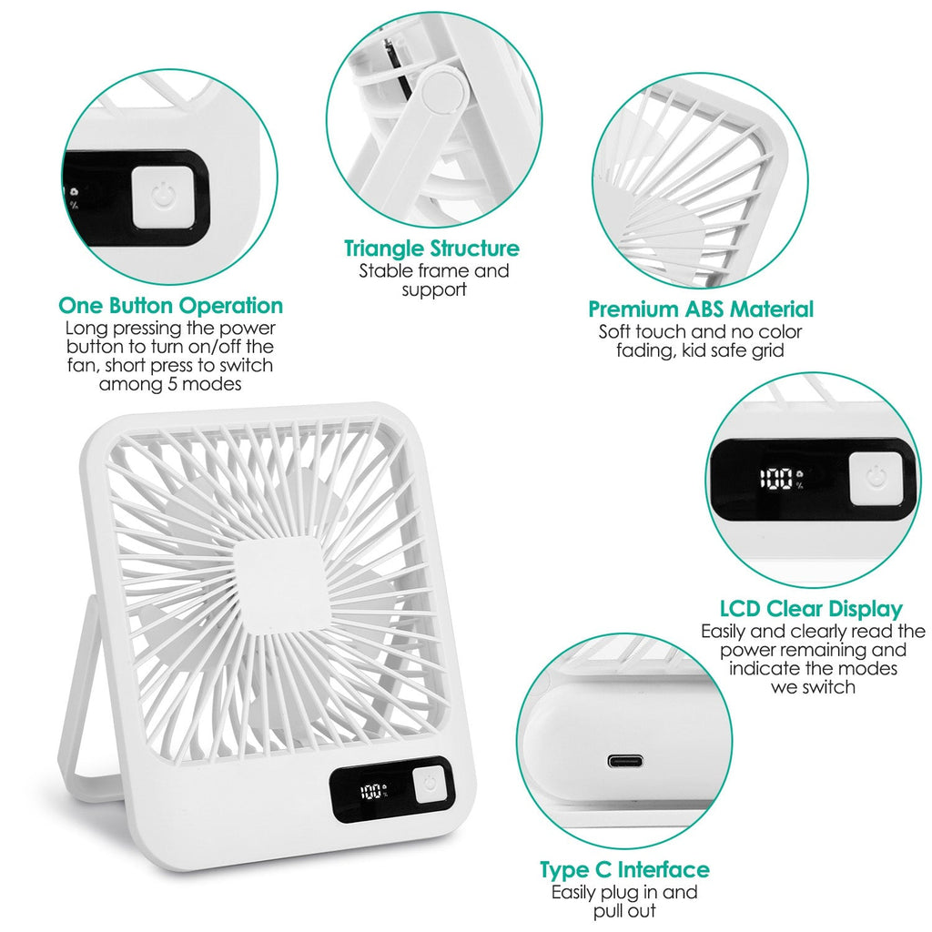 Portable Desk Fan USB Rechargeable Table Cooling Fan Quiet 5 Blades Desktop Fan with 3 Speeds Ajustment for Bedroom Office