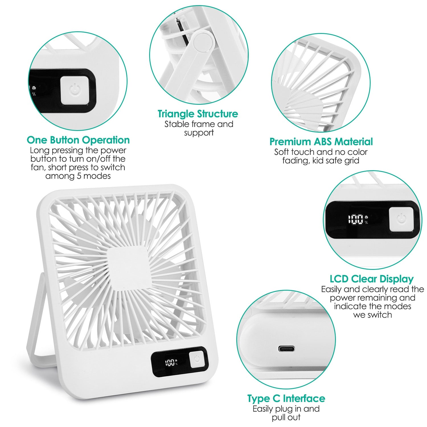 Portable Desk Fan USB Rechargeable Table Cooling Fan Quiet 5 Blades Desktop Fan with 3 Speeds Ajustment for Bedroom Office