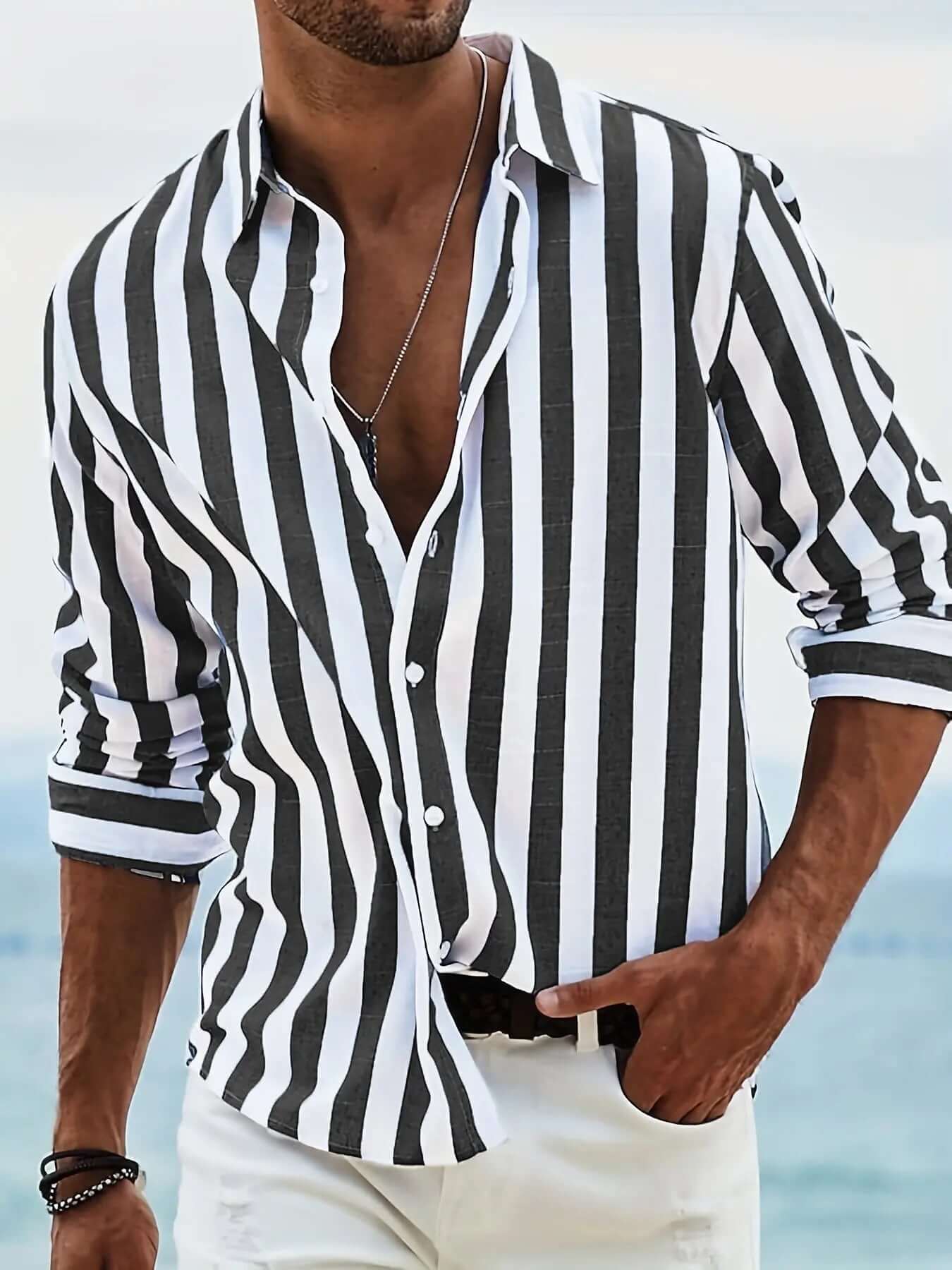 Striped Print Shirt Casual Loose Long-sleeved Shirt Men's Clothing