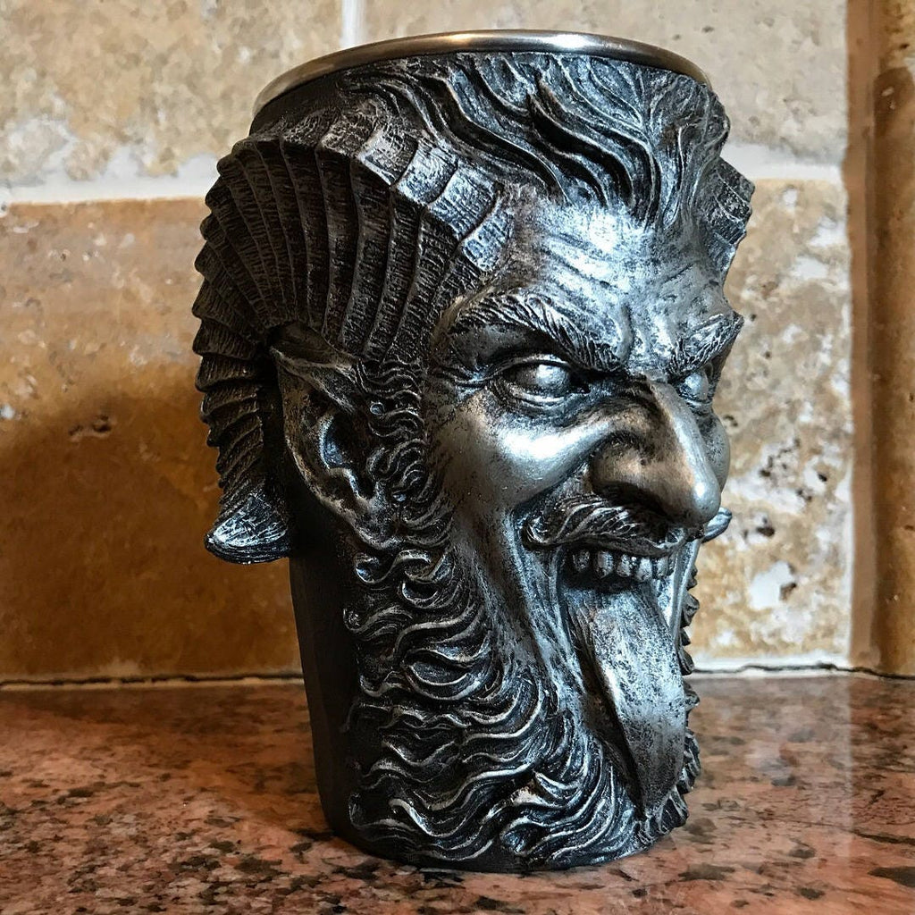 Krampus Mug, Pewter Finish | Hand Sculpted Resin Art Mug with Steel Liner | Unique Krampus Gift Cup and Gothic Home Decor