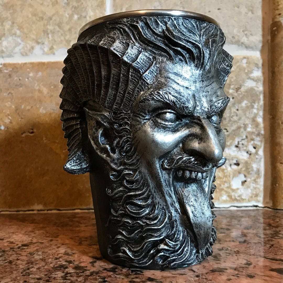 Krampus Mug, Pewter Finish | Hand Sculpted Resin Art Mug with Steel Liner | Unique Krampus Gift Cup and Gothic Home Decor