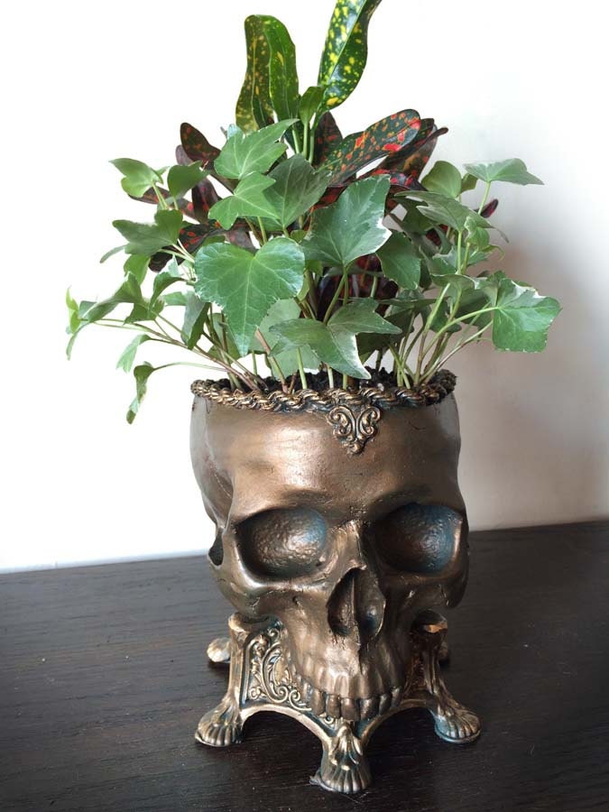 Human Skull Planter Bronze Finish, Hand Painted Resin Sculpture | Unique Gothic Home Decor | Spooky Art Gift and Gothic Home Decor