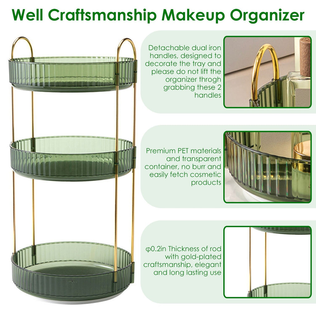 3 Tier Rotating Makeup Organizer 360¡ Spinning Perfume Cosmetic Storage Tray 55LBS Load Countertop Shelves for Lotion Lipstick