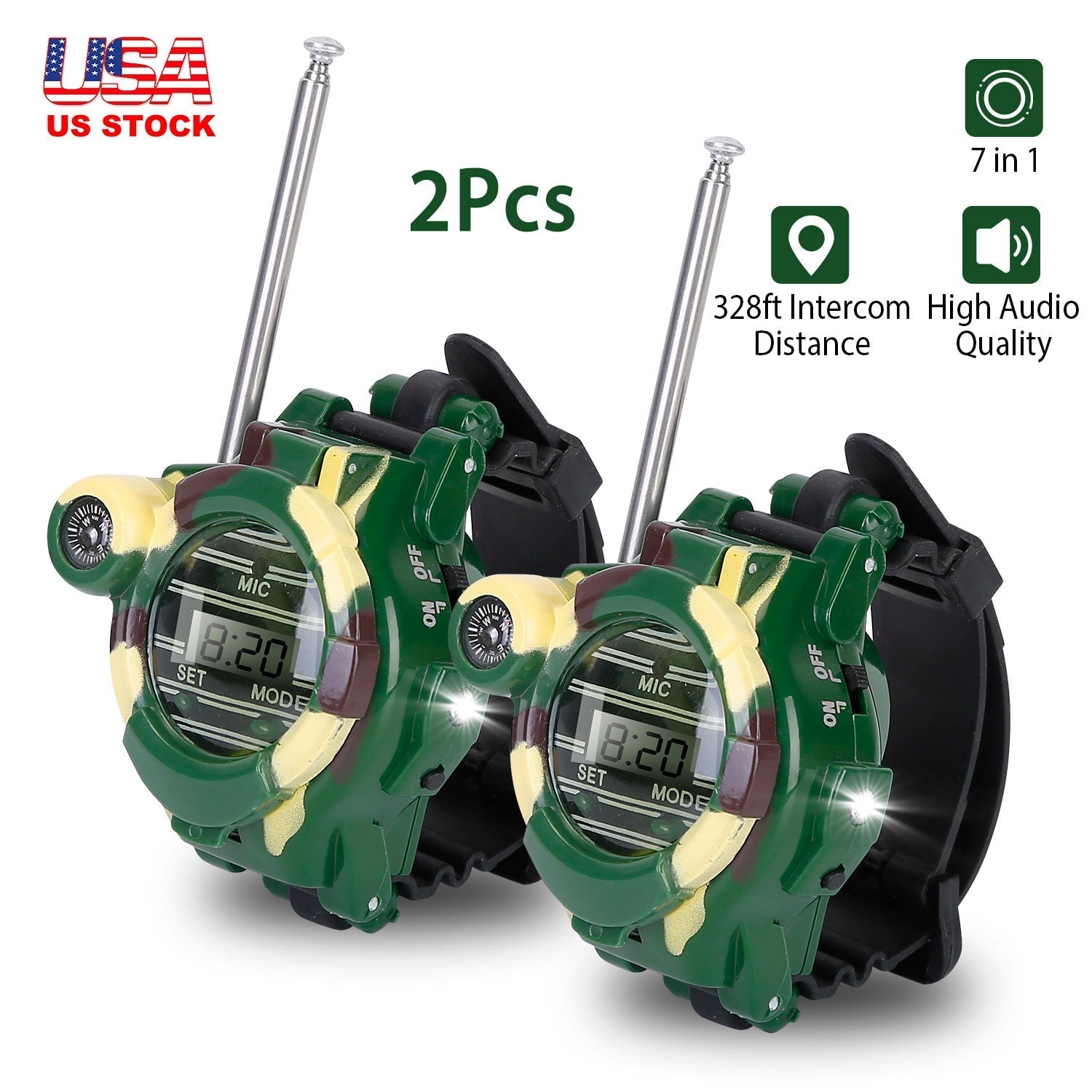 2Pcs Walkie Talkies Watches Toy 7 in 1 Two-Way Interphone Kids Wrist Watch w/ Flashlight Christmas Gift for Boys Girls Age 6+