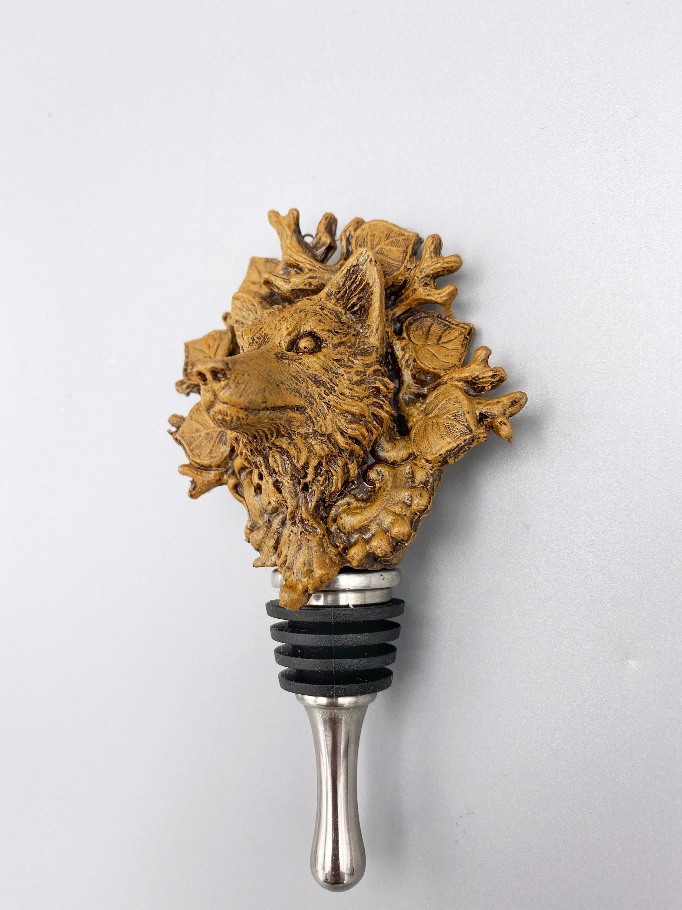Black Forest Wolf Winestopper, Hand Sculpted Resin, Mythic Fantasy Art Barware | Gothic Wolf Bottle Stopper | Fantasy Wine and Barware Gift