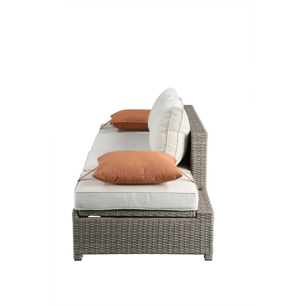 Salena - Patio Sofa With 2 Pillows & Ottoman - Beige Fabric & Gray Wicker