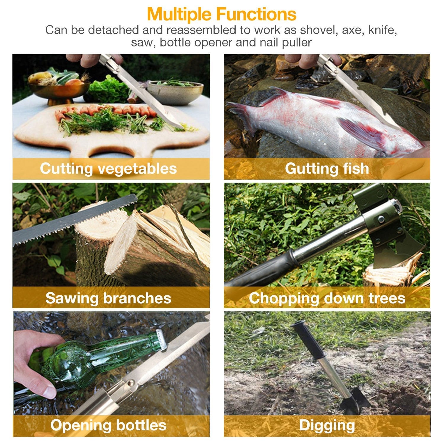 6-in-1 Multi Tool Survival Kit Shovel Knife Axe Saw Nail Puller w/ Pouch Outdoor Gear Camping