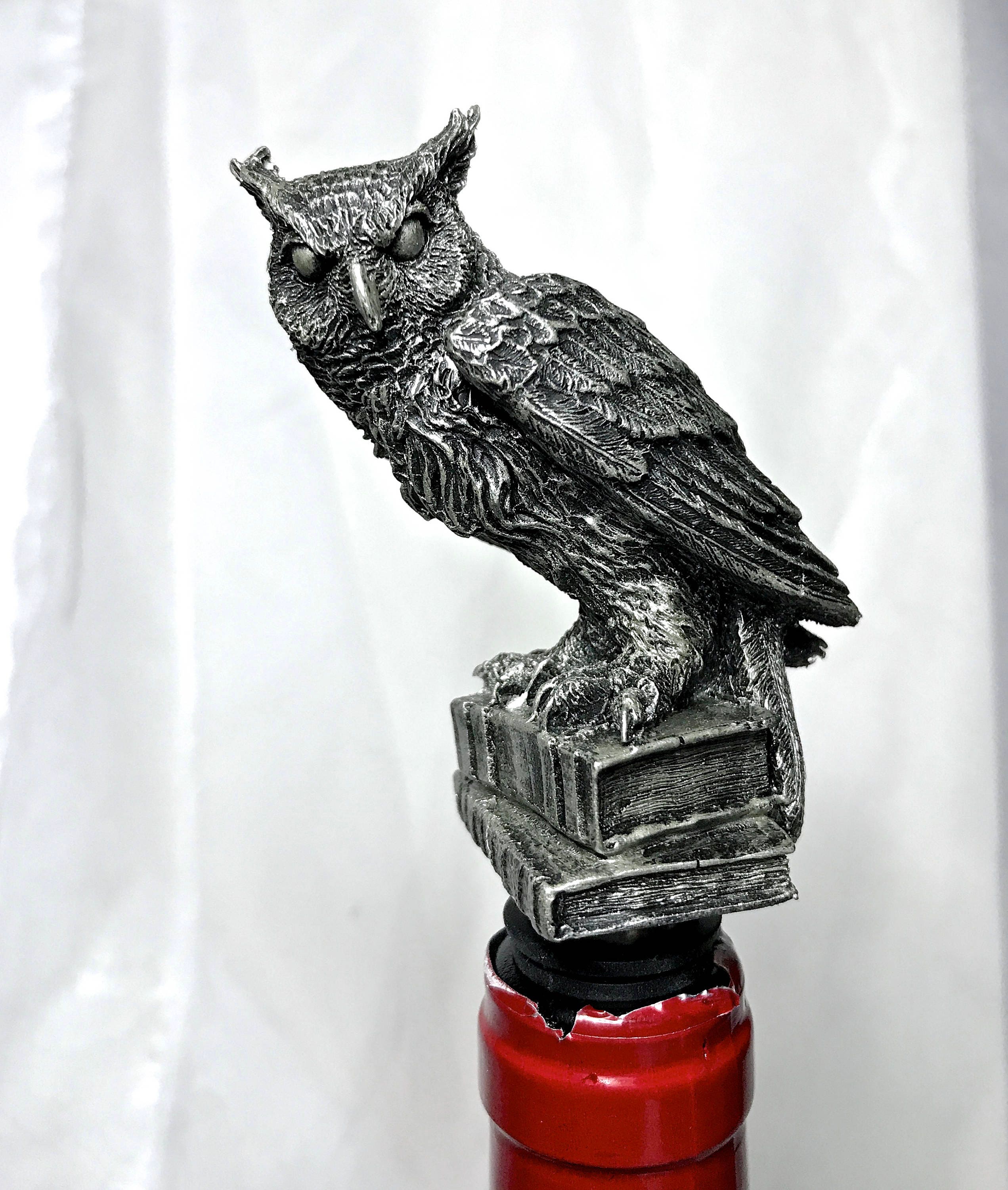 Horned Owl Winestopper, Hand Sculpted Resin | Gothic Art Barware | Owl with Books Bottle Stopper | FantasyGothic Witch Wine and Barware Gift