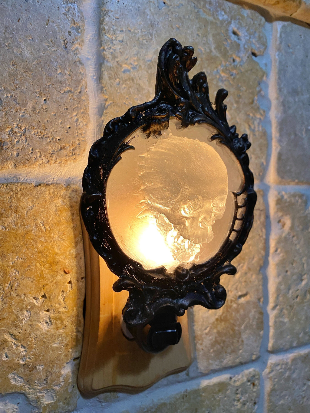 Spectral Skull Nightlight, Hand Painted Resin Sculpture | Victorian Gothic Night Light |  Ghost Skull Lighting for Gothic Fantasy Home Decor