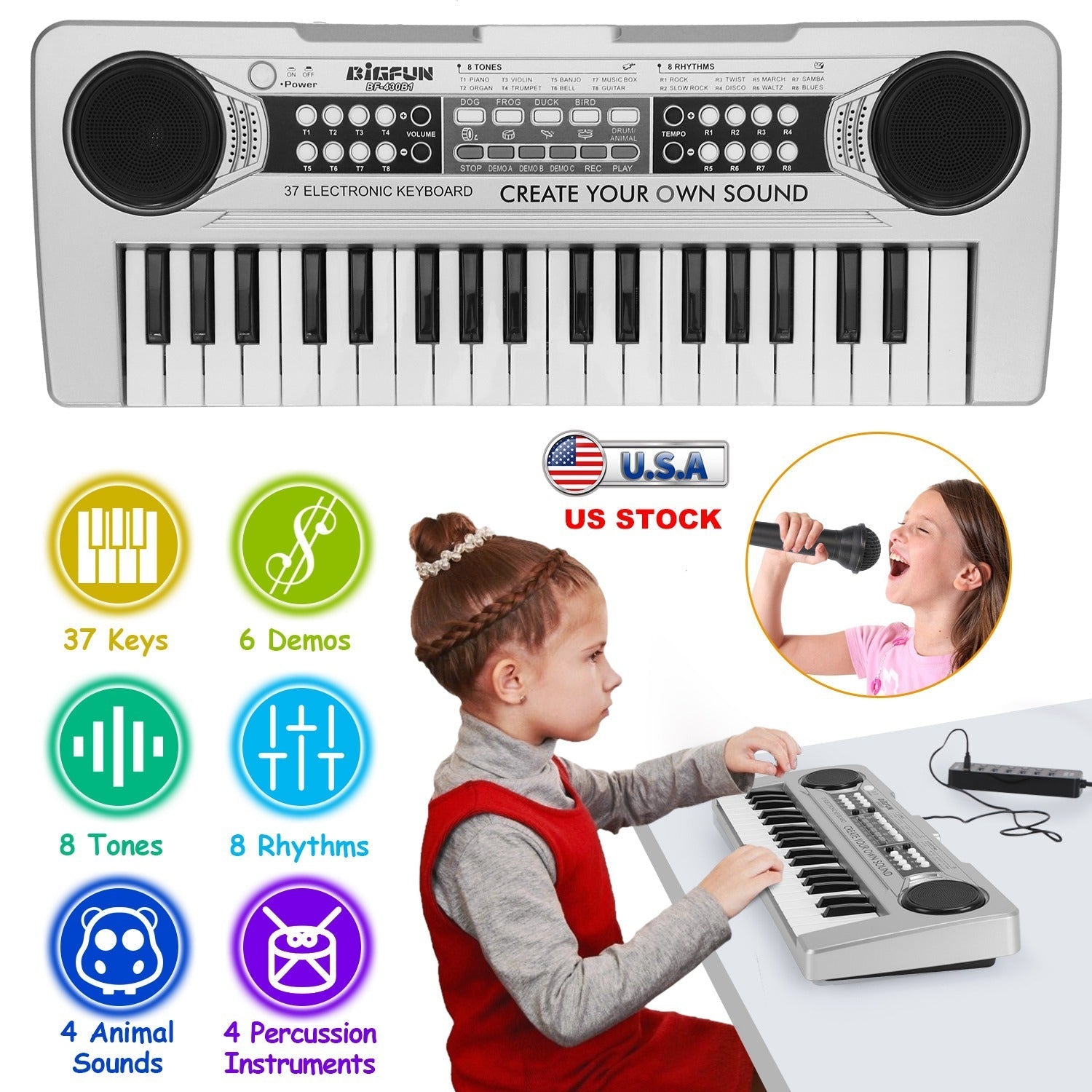 37 Keys Digital Music Electronic Keyboard Electric Piano Musical Instrument Kids Learning Keyboard with Microphone for 3-10 Year Old Kids Girls Boys
