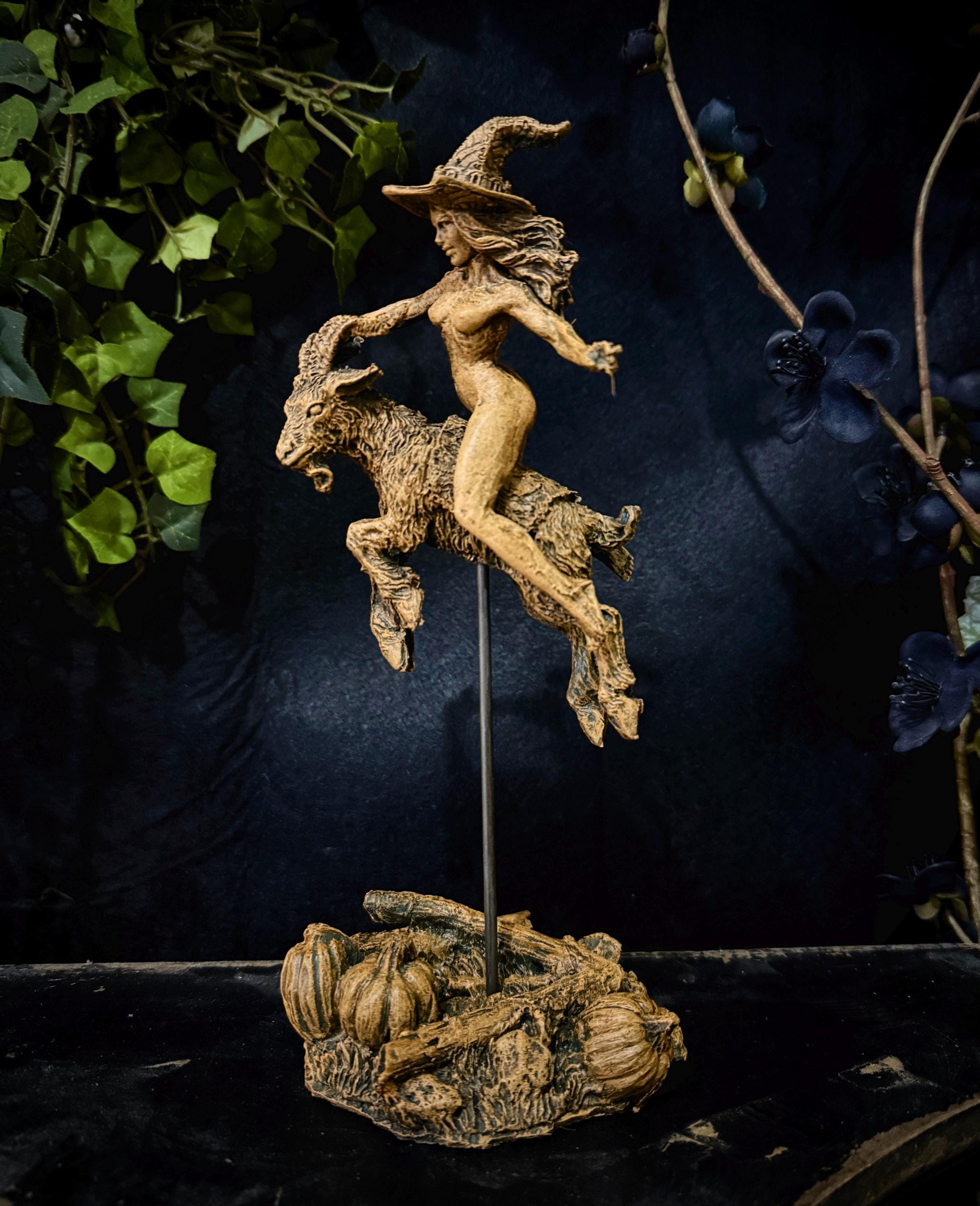 Witch’s Sabbath: Goat Rider Statue, Hand Painted Resin Sculpture | Pagan Folklore Witchcraft Figurine | Witchy Art for Gothic Home Decor
