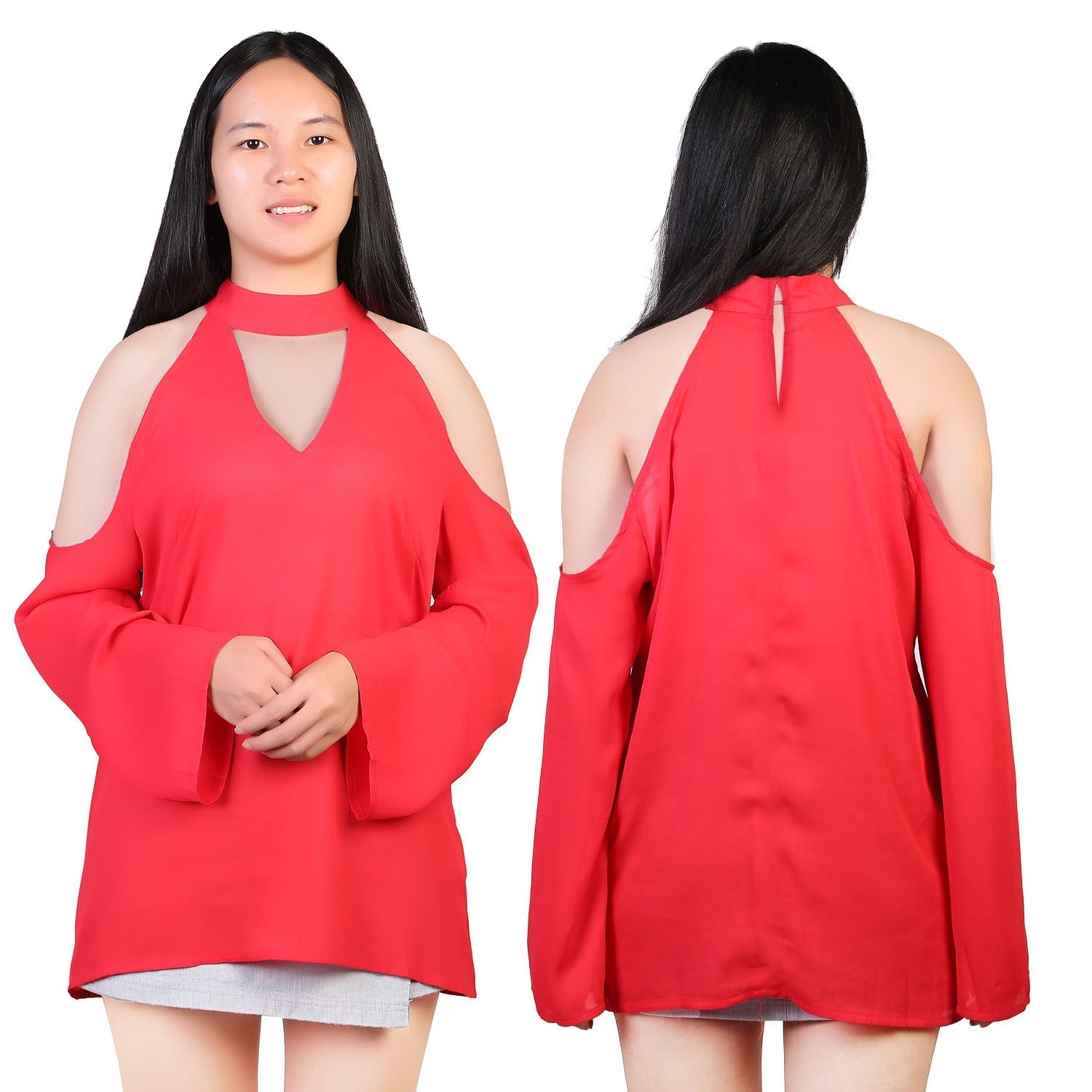 Women\'s Sexy Off The Shoulder Blouses Cold Shoulder Tops V-Neck Long Sleeve T-Shirt Solid Color Summer