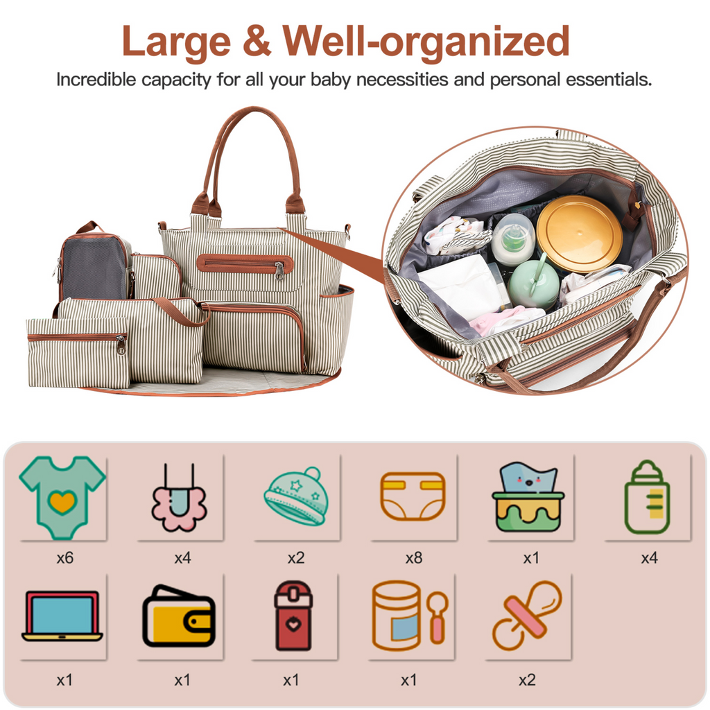 8Pcs Baby Nappy Diaper Bags Set for Mom Dad Mummy Handbags Multifunctional Diaper Changing Bags with Bottle Bag Mesh Bag Purse Diaper Pad 2 Burp Cloth