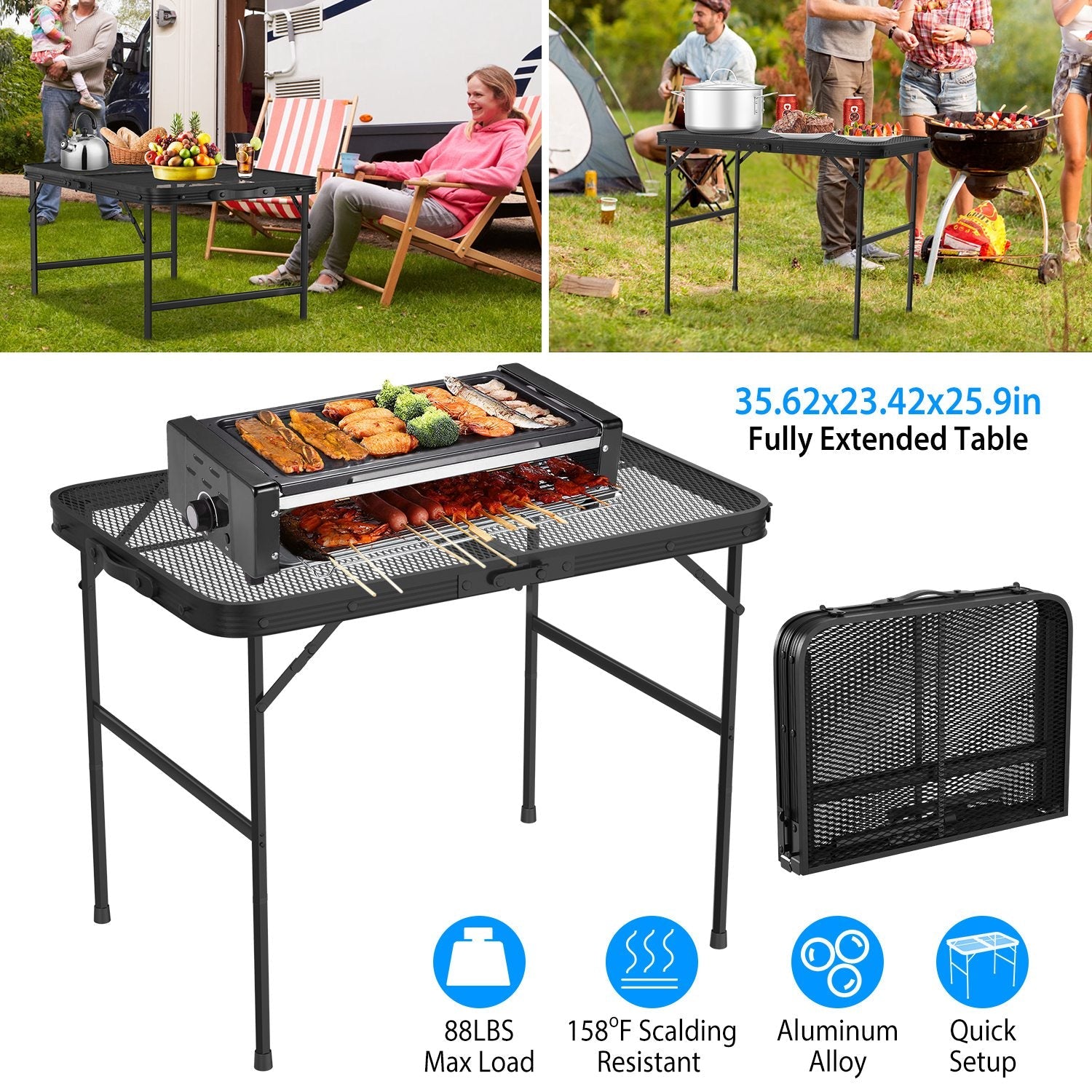 Foldable Camping Table – Height-Adjustable Aluminum Grill Stand