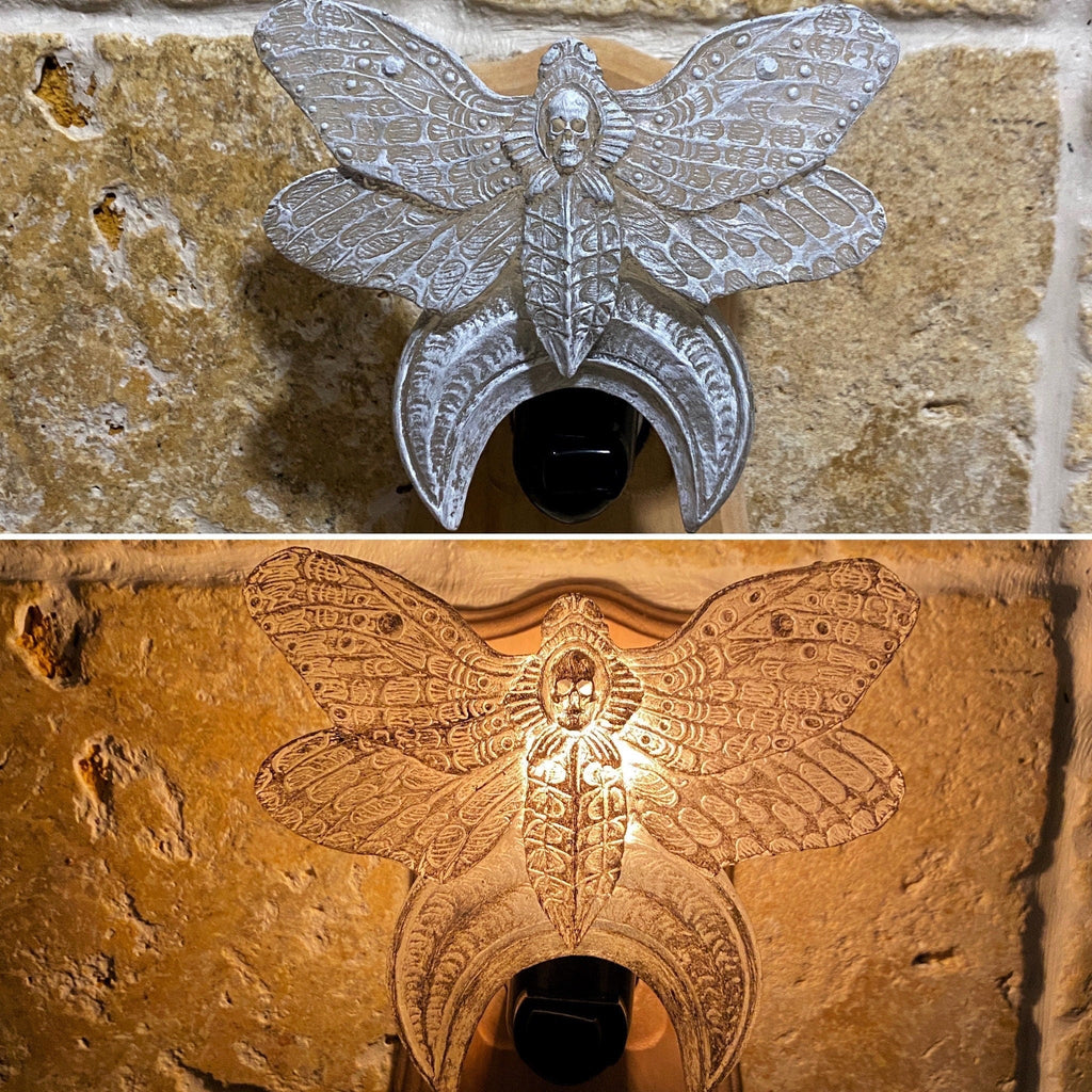 Death's Head Moth Nightlight, Hand Painted Resin Sculpture | Witchy Gothic Night Light |  Moth and Moon Light for Gothic Fantasy Home Decor