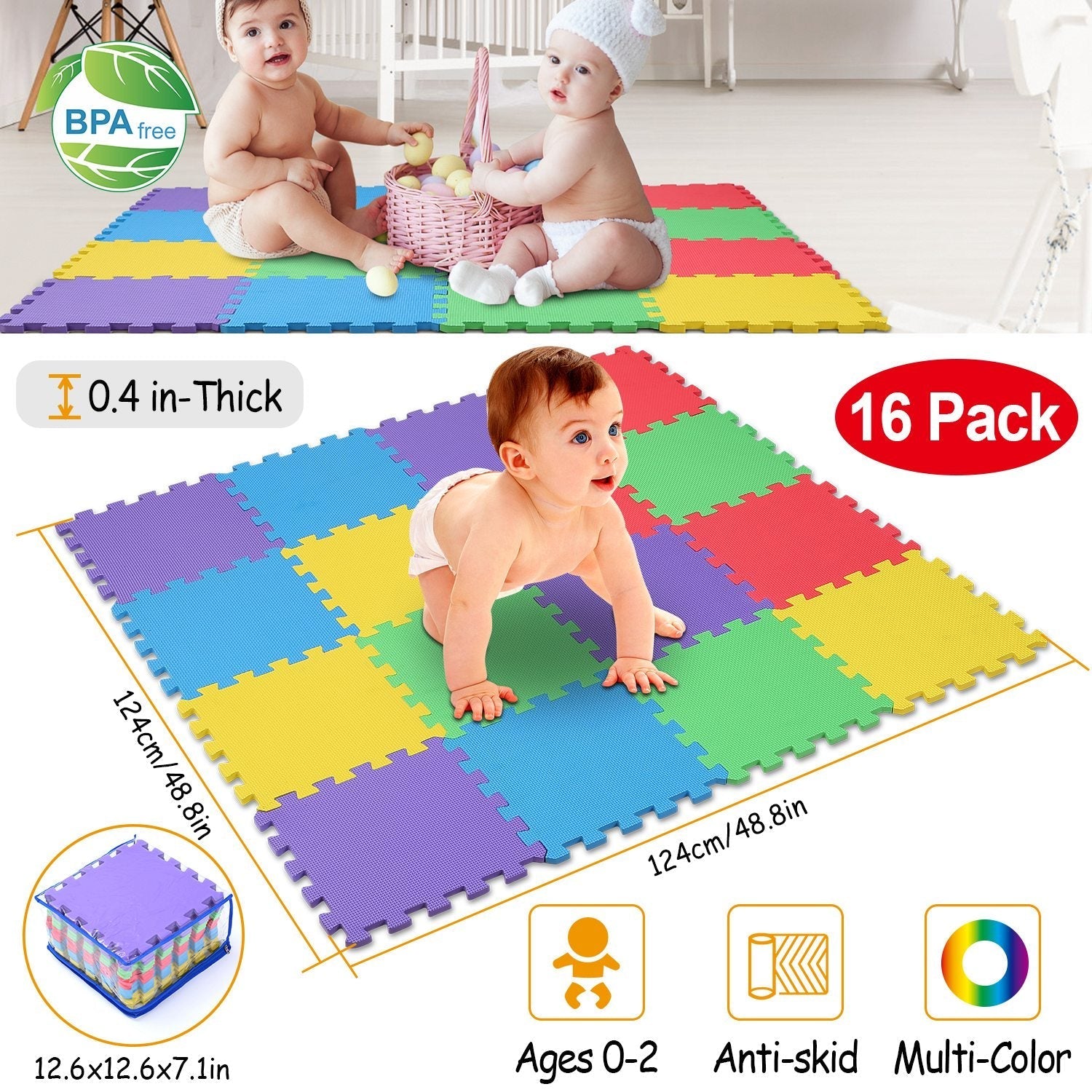 16Pcs Kids Puzzle Exercise Play Mat Interlocking Non-Toxic EVA Floor Mat Multi-Color Anti-Skid Playmat for Infants Baby Toddlers