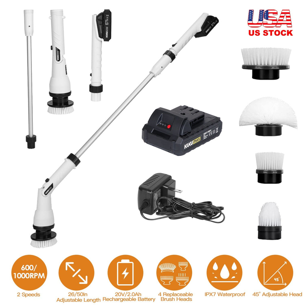 Electric Spin Scrubber Cordless Handheld Rechargeable Cleaning Brush with 4 Replaceable Heads 600/1000RPM Speeds 26/50in Length 20V/2.0Ah Battery for