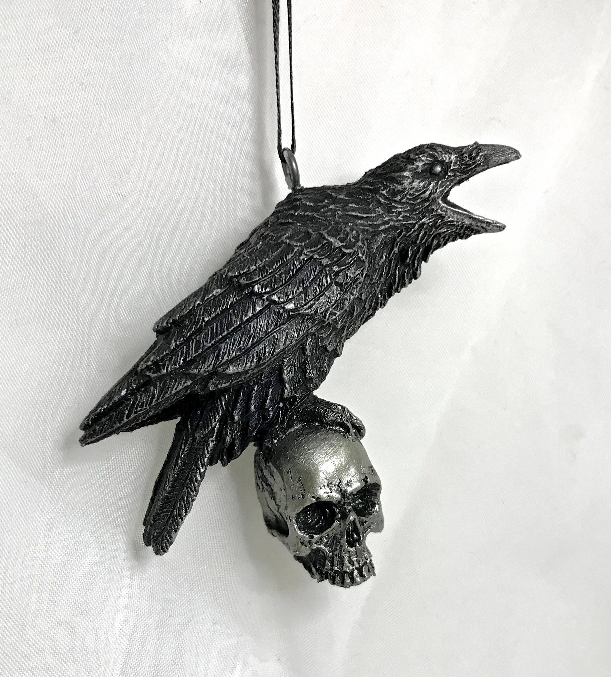 Raven Perched on Skull Ornament | Unique Gothic Home Decor | Resin Sculpture Poe's Raven, Literary Ornament Gift and Gothic Holiday Decor