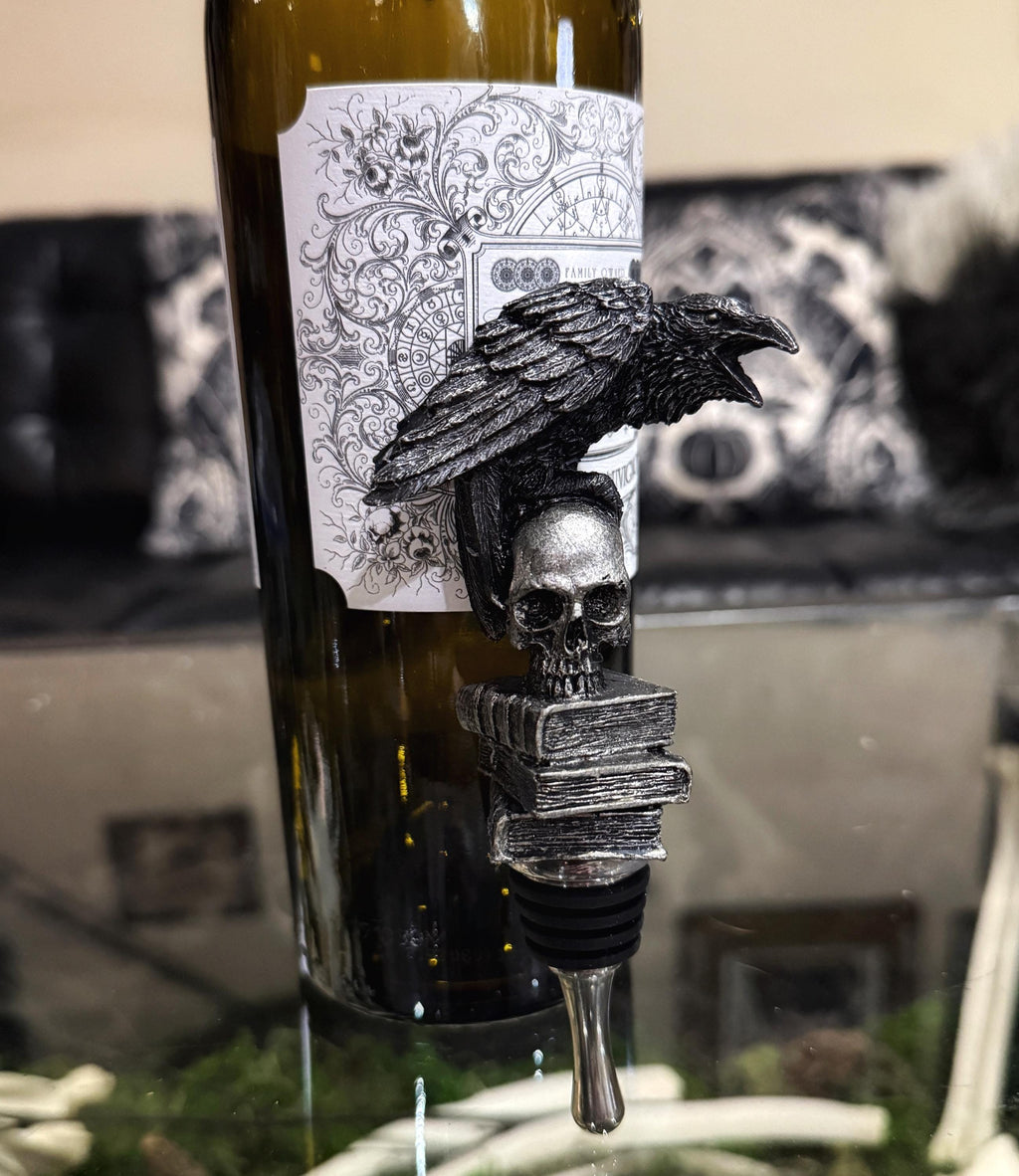 Raven Winestopper, Hand Sculpted Resin, Gothic Art Barware |Poe’s Raven with Skull and Books Bottle Stopper |Gothic Wine Gift and Home Decor