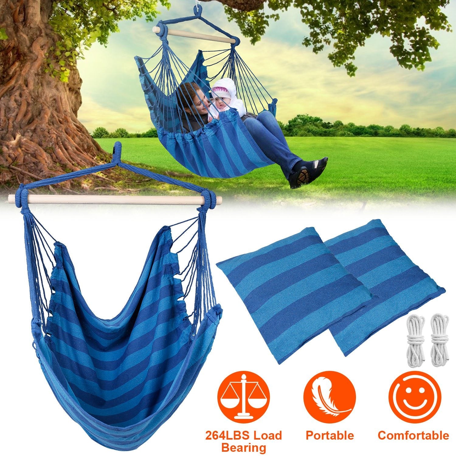 Hammock Hanging Chair Canvas Porch Patio Swing Seat Portable Camping Rope Seat Wooden Stick Hammock Chair with 2 Pillows 265LBS Load-bearing