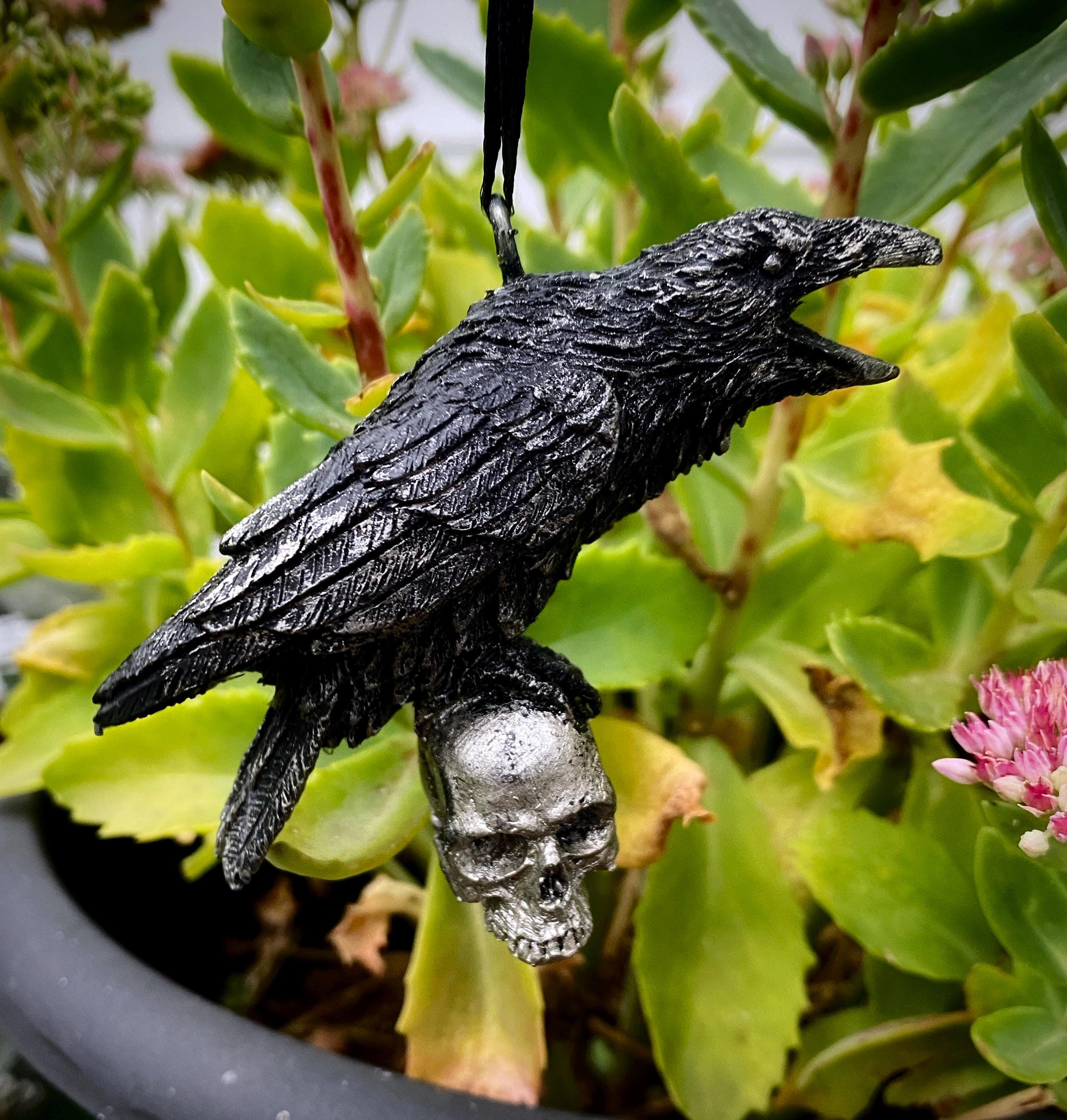 Raven Perched on Skull Ornament | Unique Gothic Home Decor | Resin Sculpture Poe's Raven, Literary Ornament Gift and Gothic Holiday Decor