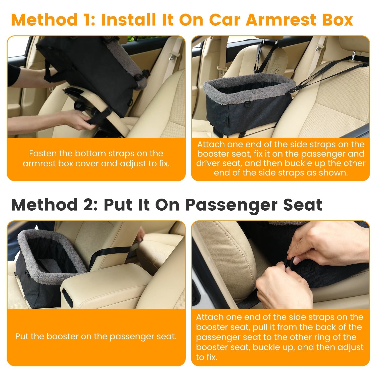 Small Dog Car Seat with Harness Center Console Pet Booster Seat Travel Car Seat with Side Pocket Cotton Velvet Cushion for Dogs Cats Up to 9LBS