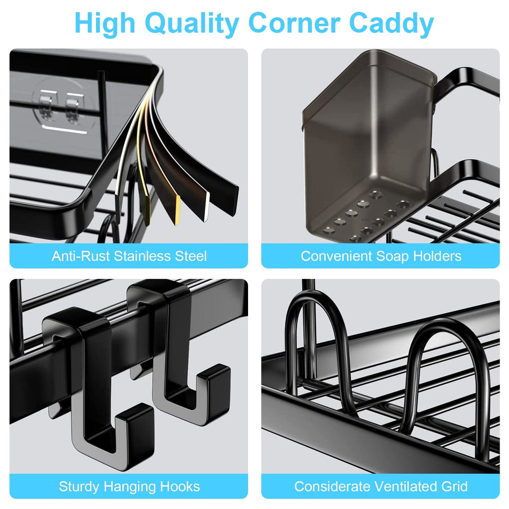 2Pcs Corner Shower Caddy Anti-Rust Soap Holder Hanging Hook No Drilling Adhesive Shower Organizer Corner Shelves Bathroom Kitchen