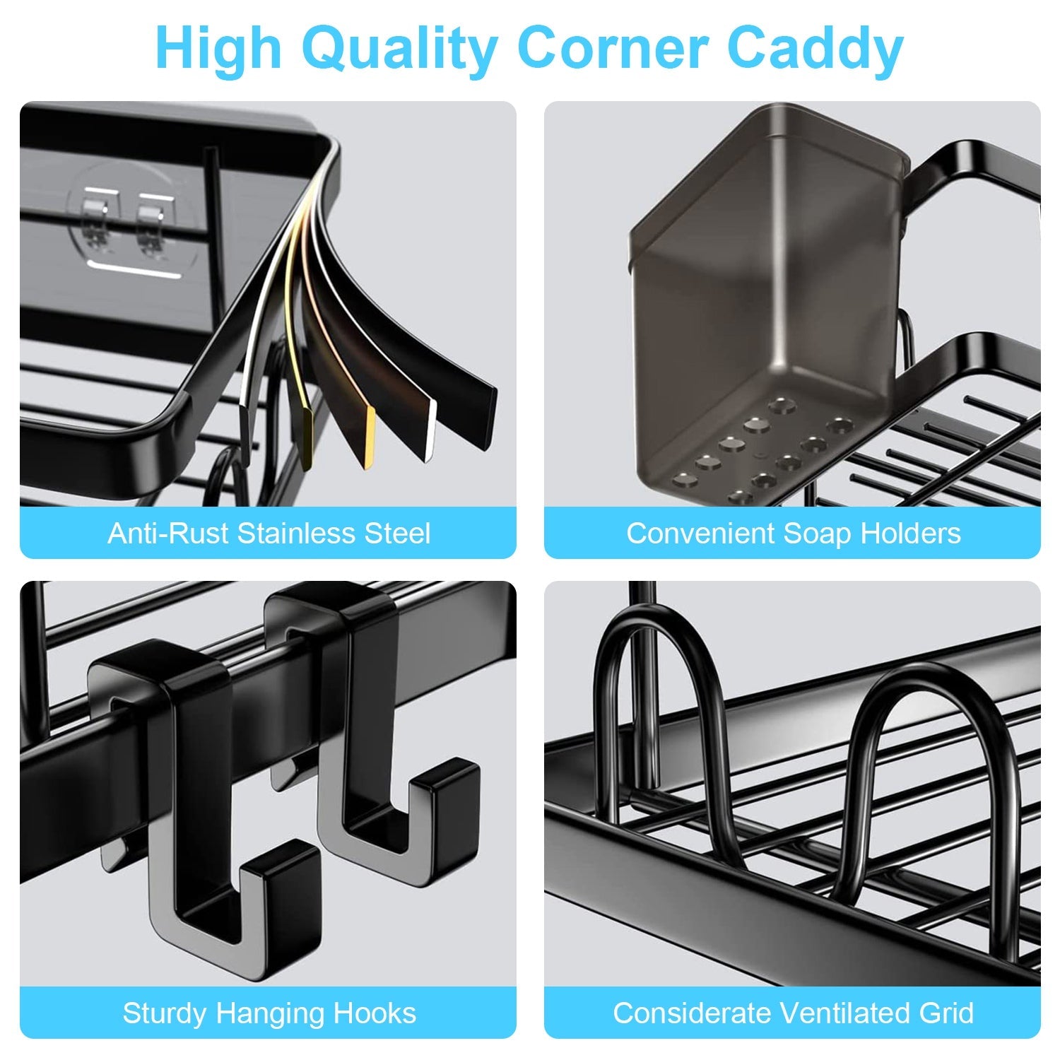 2Pcs Corner Shower Caddy Anti-Rust Soap Holder Hanging Hook No Drilling Adhesive Shower Organizer Corner Shelves Bathroom Kitchen