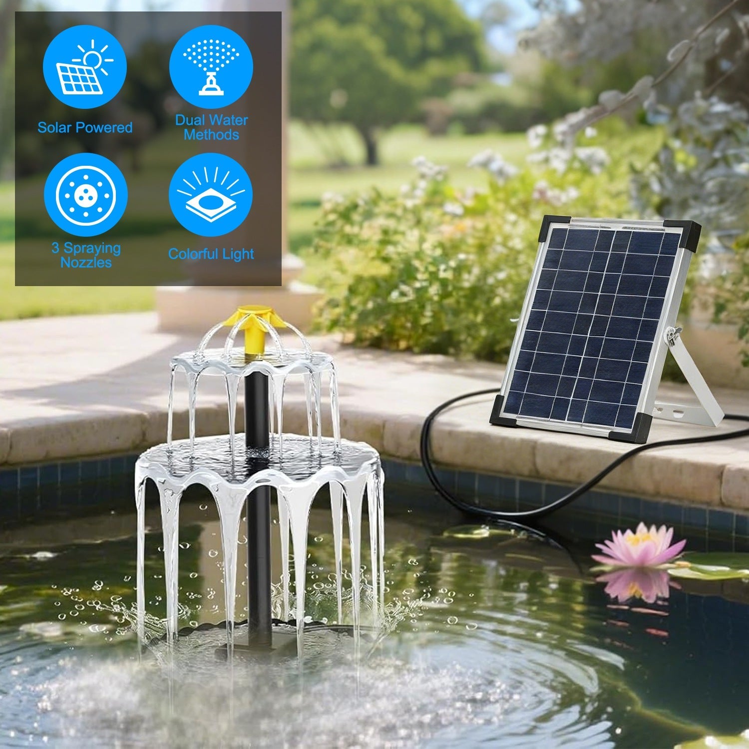 3-Tier Solar Bird Bath Fountain Solar Powered Water Pump Waterfall Feature with Colorful Light 3 Nozzles 6W Solar Panel for Bird Bath Patio Yard Pond