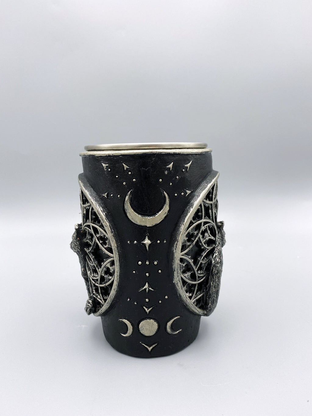 Cat and Gothic Cathedral Window Mug, Hand Sculpted Resin Gothic Art Mug with Stainless Steel Liner| Cat Mug, Halloween Gift and Gothic Decor