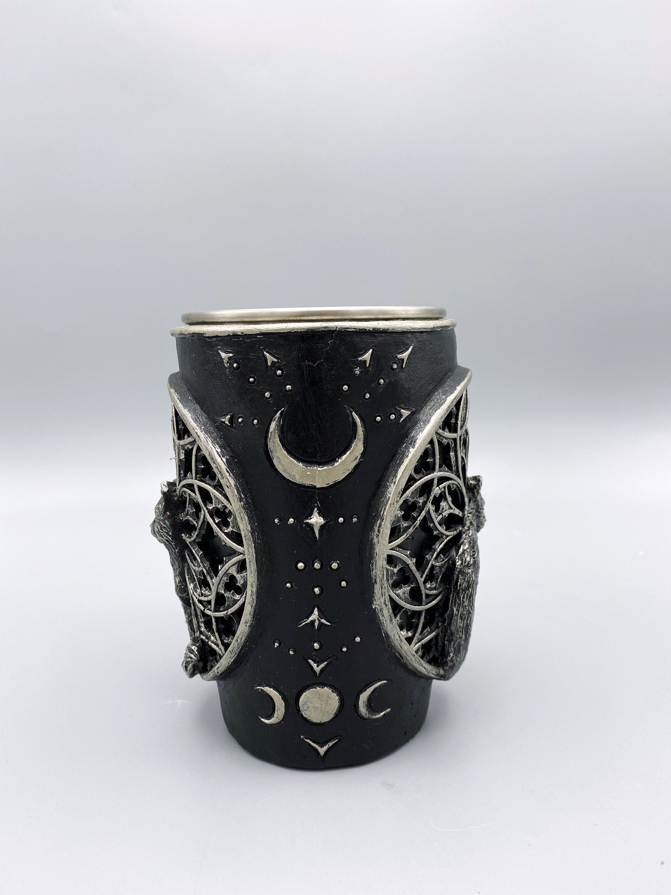 Cat and Gothic Cathedral Window Mug, Hand Sculpted Resin Gothic Art Mug with Stainless Steel Liner| Cat Mug, Halloween Gift and Gothic Decor