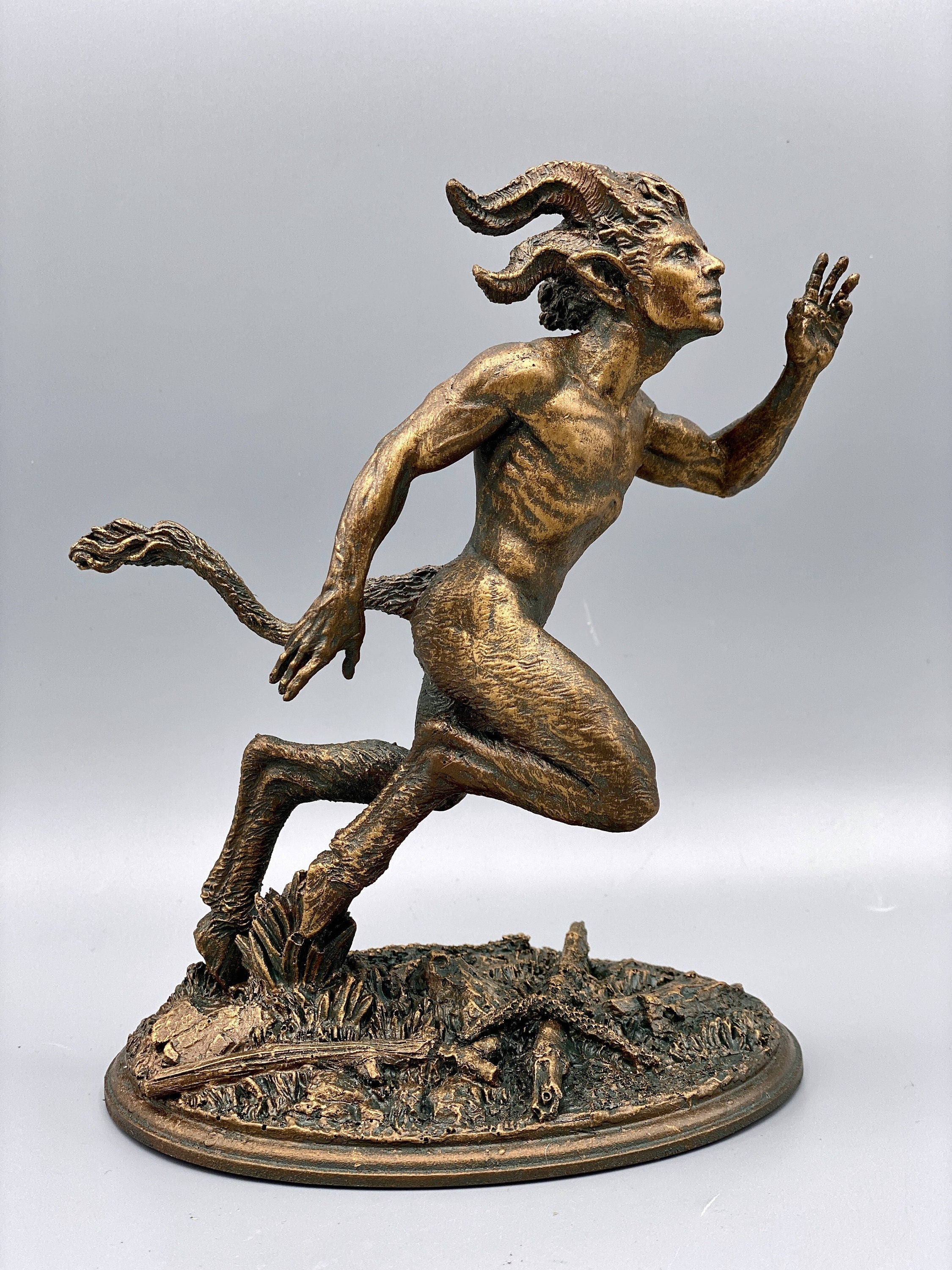 Running Satyr Statue, Hand Painted Resin Sculpture | Mythical Creature Figurine | Unique Legendary Faun Figurine. Fantasy Art Decor
