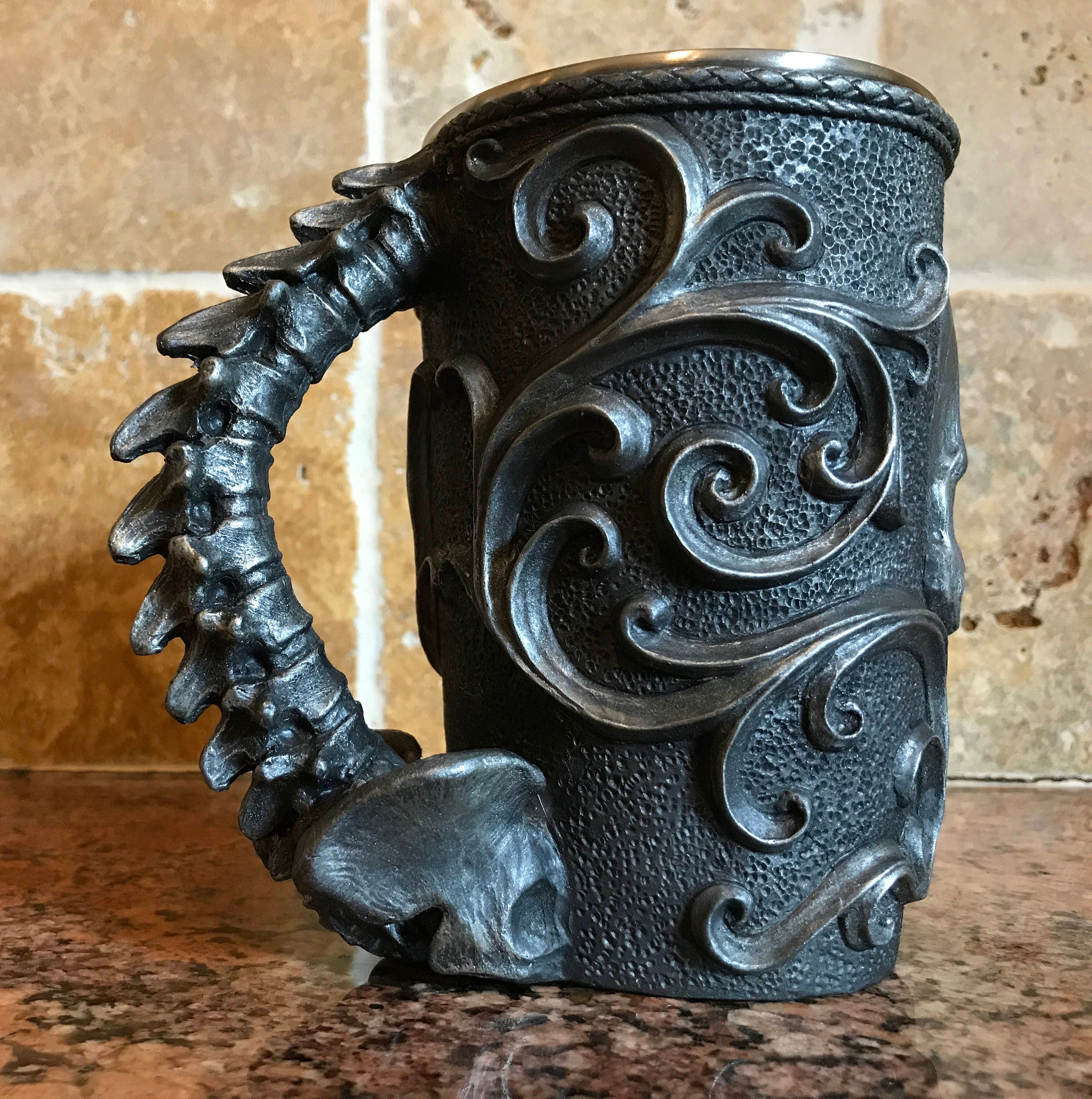 Necromancer Skull Mug, Hand Sculpted Resin Gothic Art Mug with Stainless Steel Liner